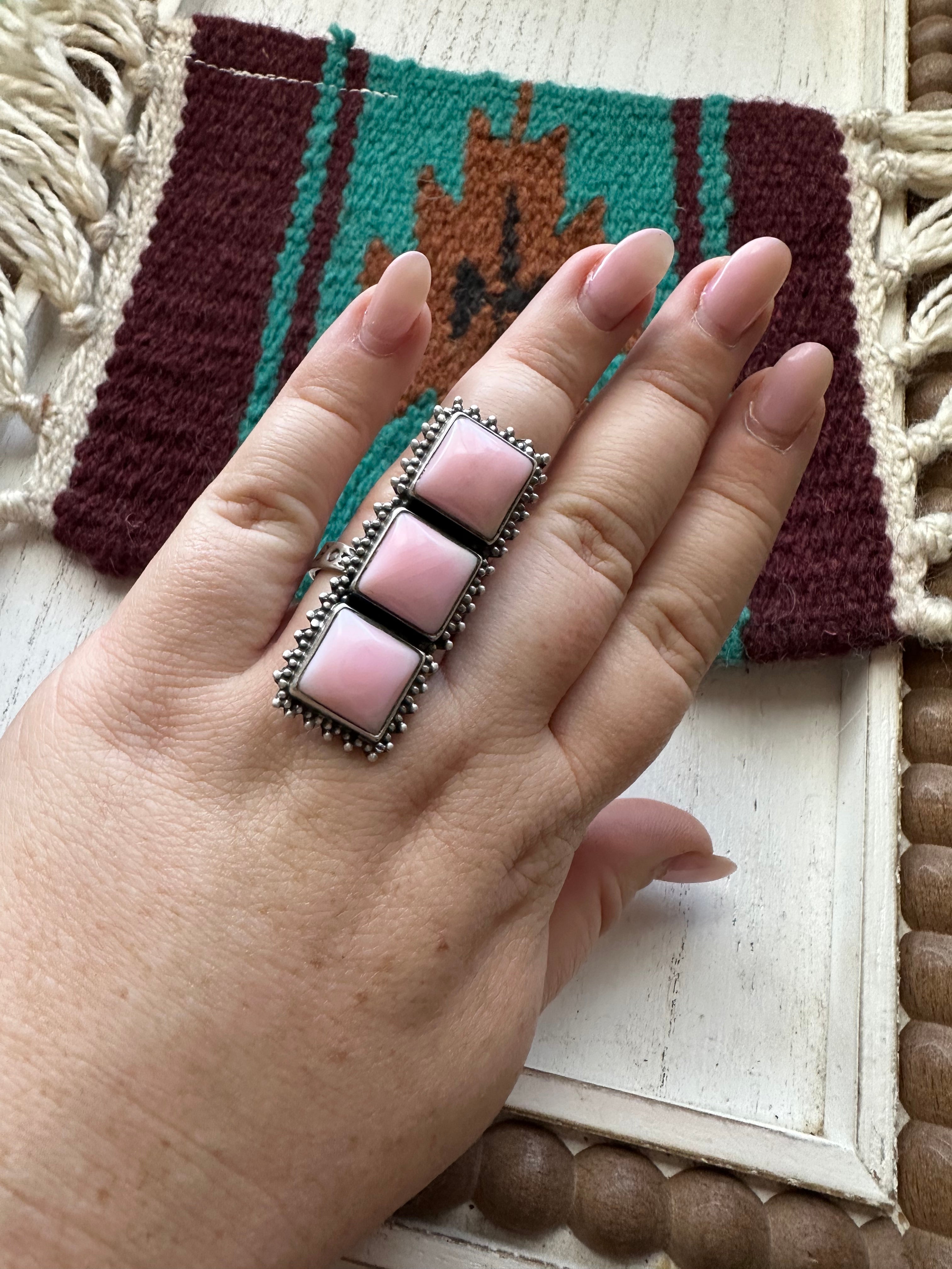 Navajo Sterling Silver & Queen Pink Conch Adjustable 3 Stone Ring