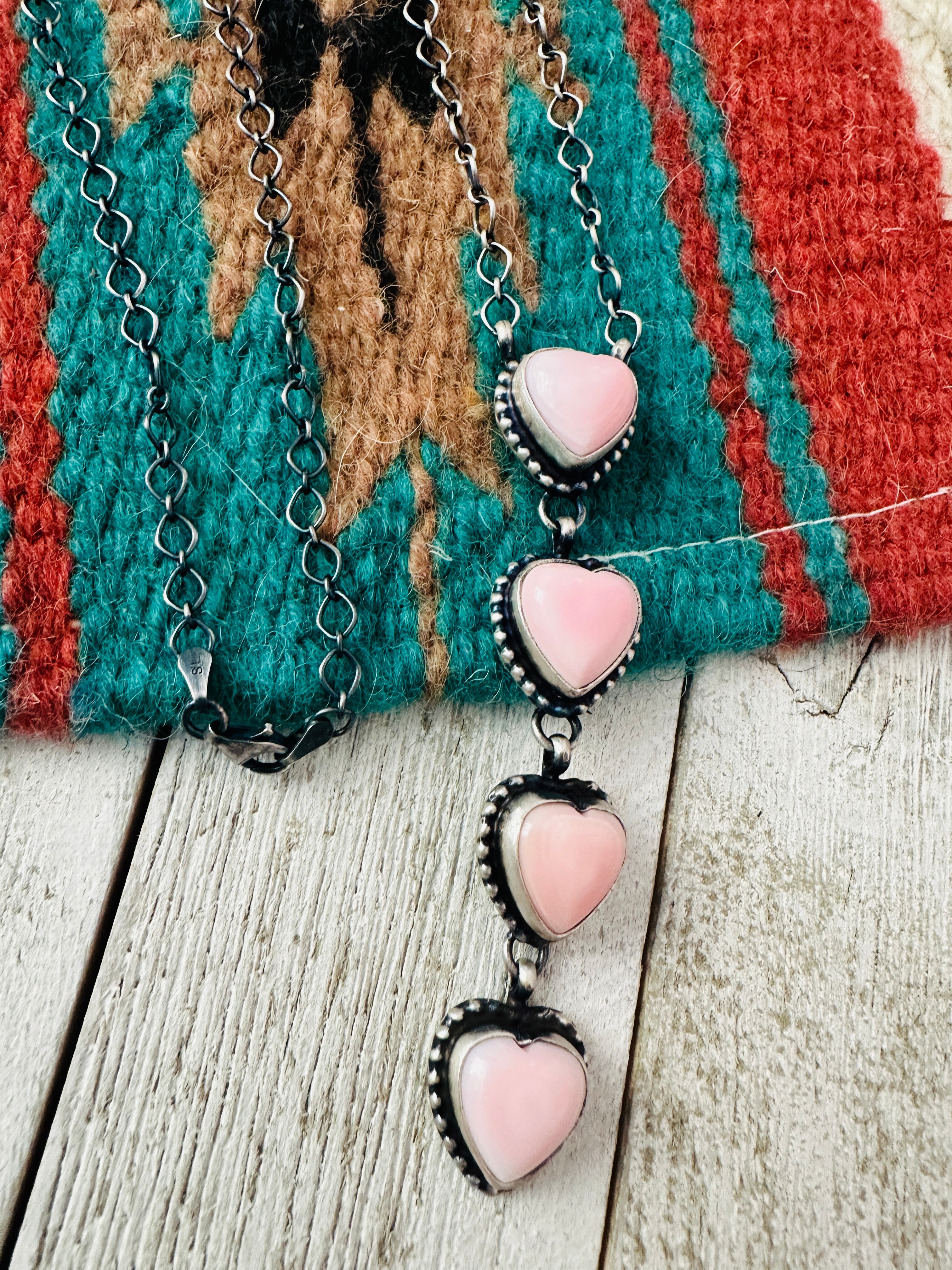 Navajo Queen Pink Conch & Sterling Silver Pearl Lariat Heart Necklace