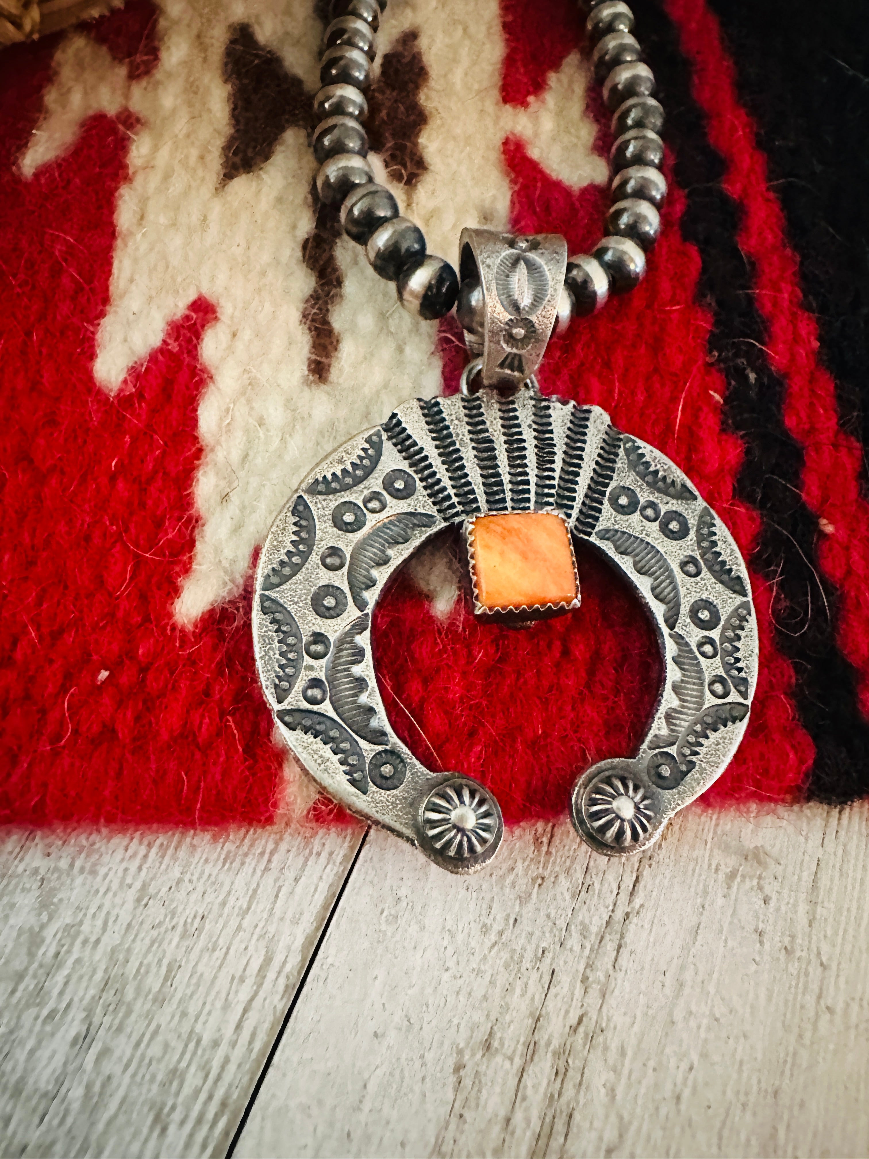 Navajo Sterling Silver & Orange Spiny Naja Pendant by Kevin Billah