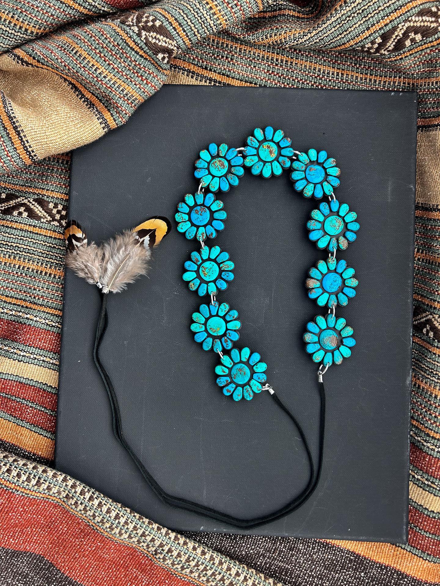 Handmade Clay Turquoise Hat Band With Feathers By Artist Kaylyn