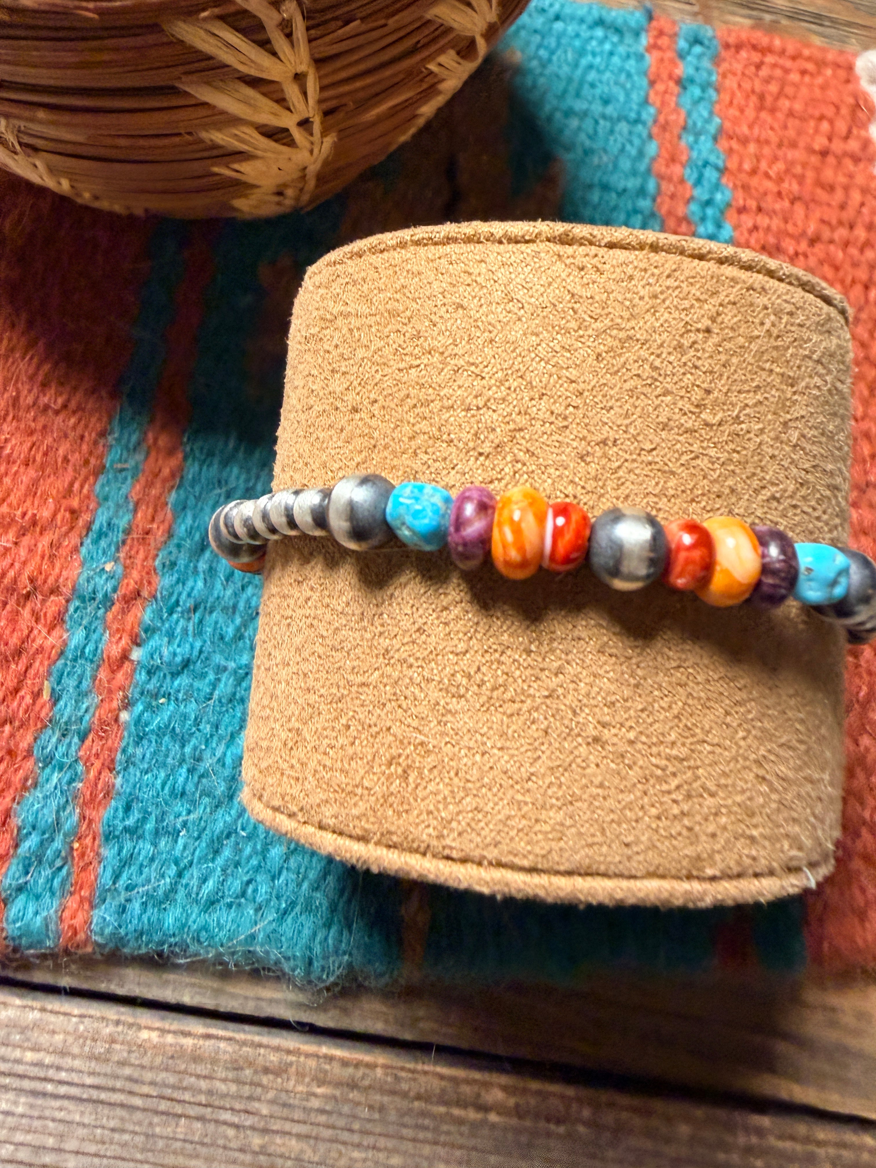 Handcrafted Spiny Oyster, Turquoise & Sterling Silver Beaded Stretch Bracelet