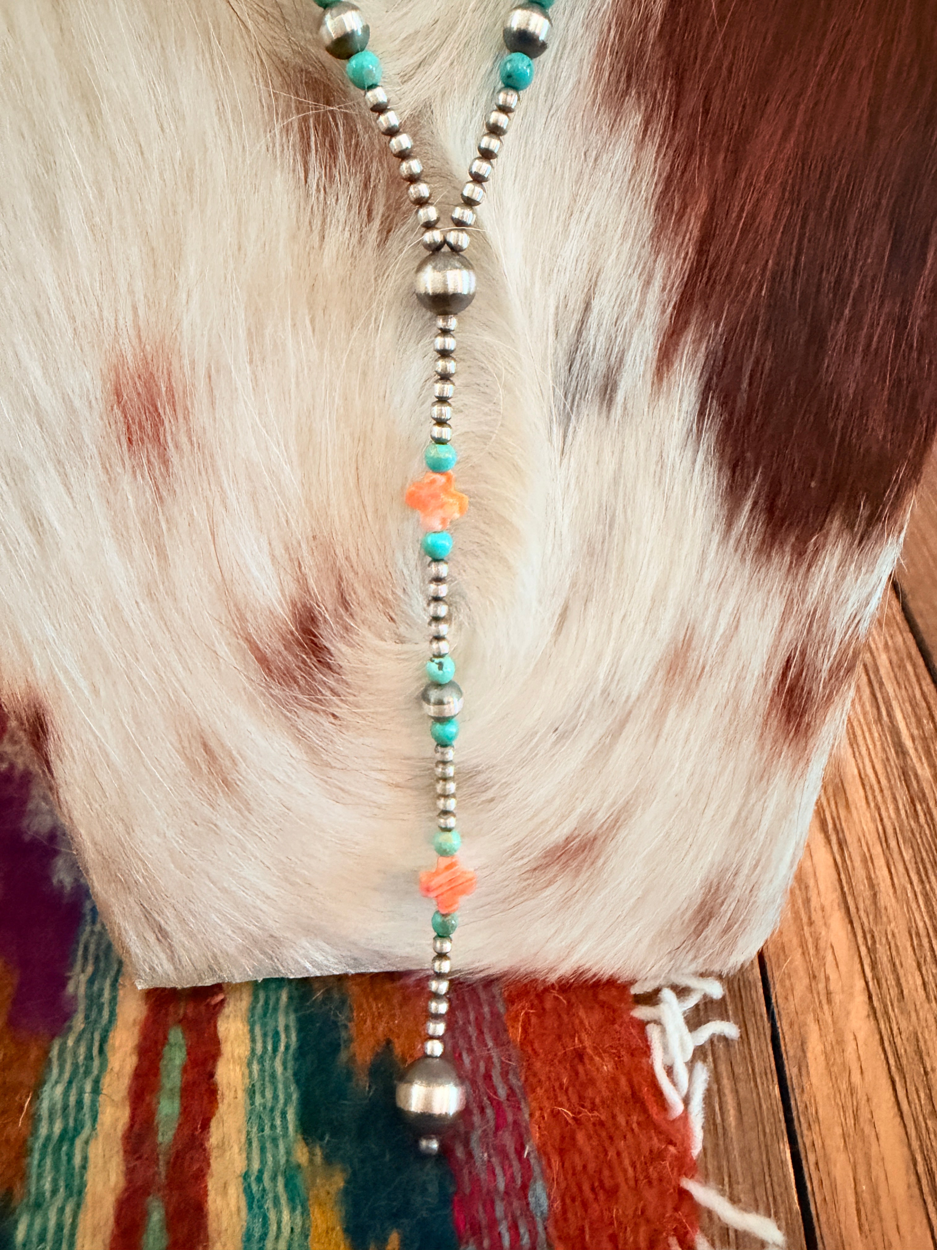 Handcrafted Turquoise, Spiny Oyster & Sterling Silver Pearl 20” Beaded Lariat Necklace