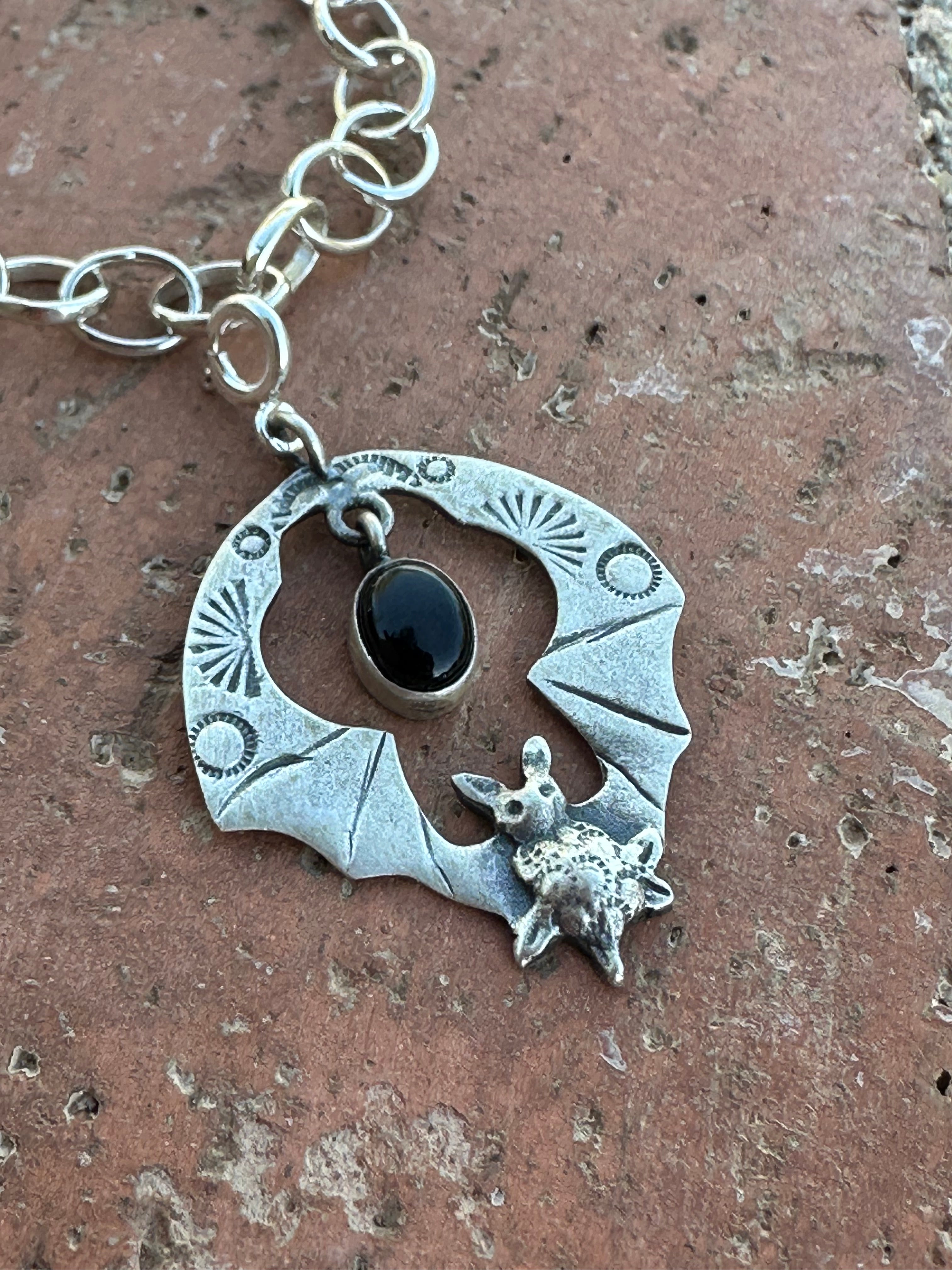 Halloween Collection Sterling Silver & Onyx Skull Bat Charm