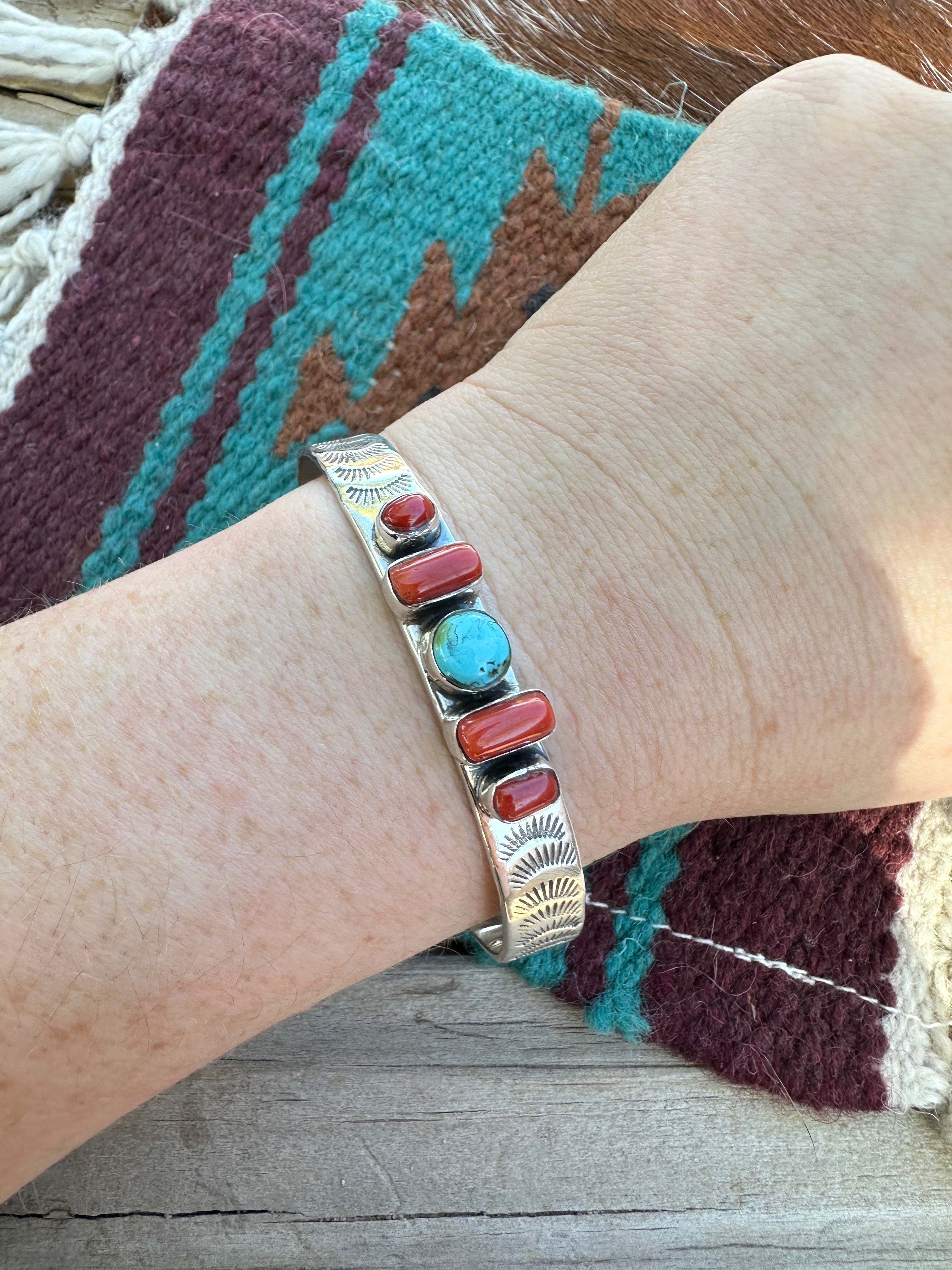 Handmade Sterling Silver, Coral & Sonoran Mountain Turquoise Cuff Bracelet Signed Nizhoni style 5