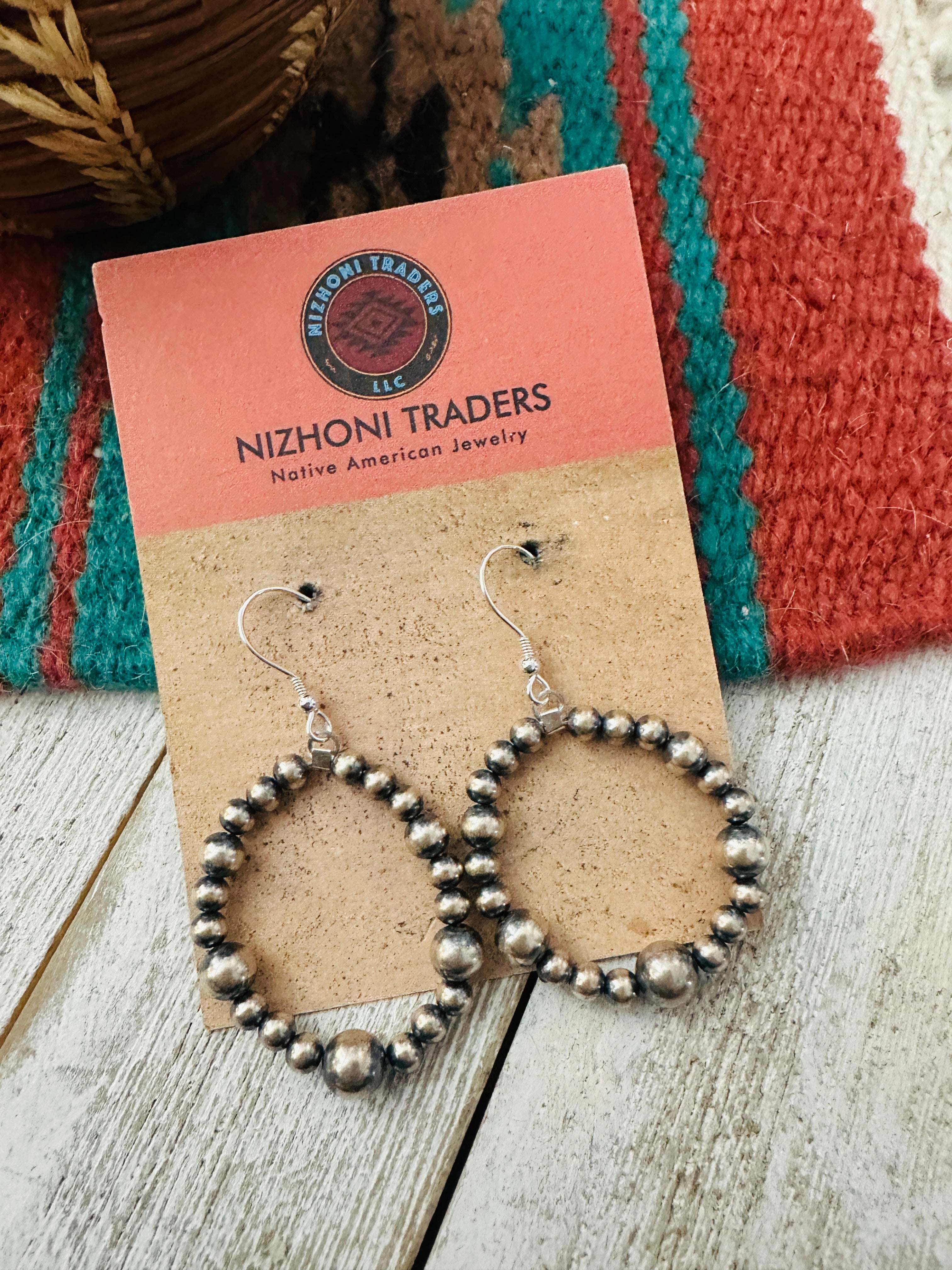 Navajo Sterling Silver Pearl Beaded Dangle Hoop Earrings