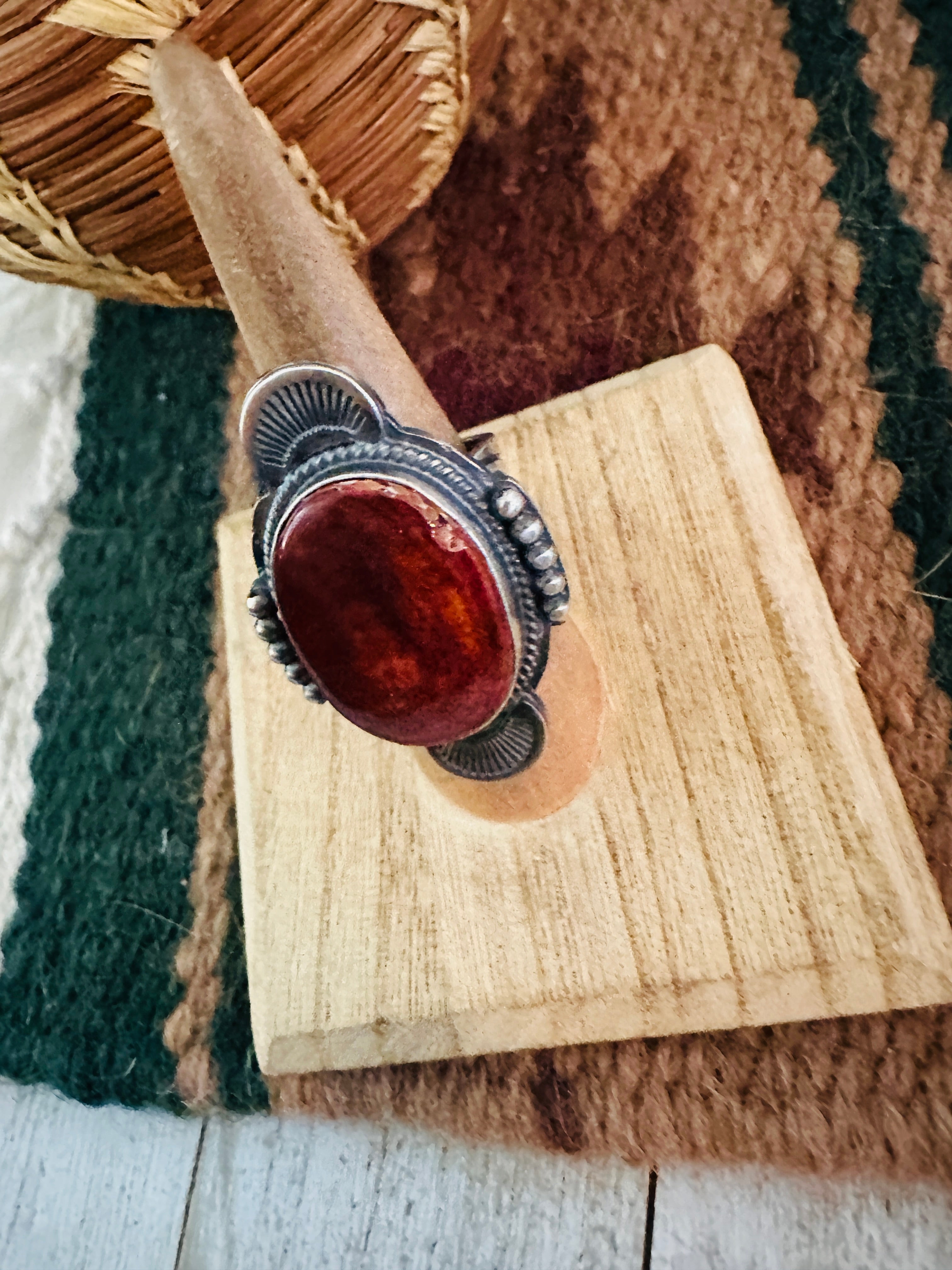 Navajo Orange Spiny & Sterling Silver Ring Size 7