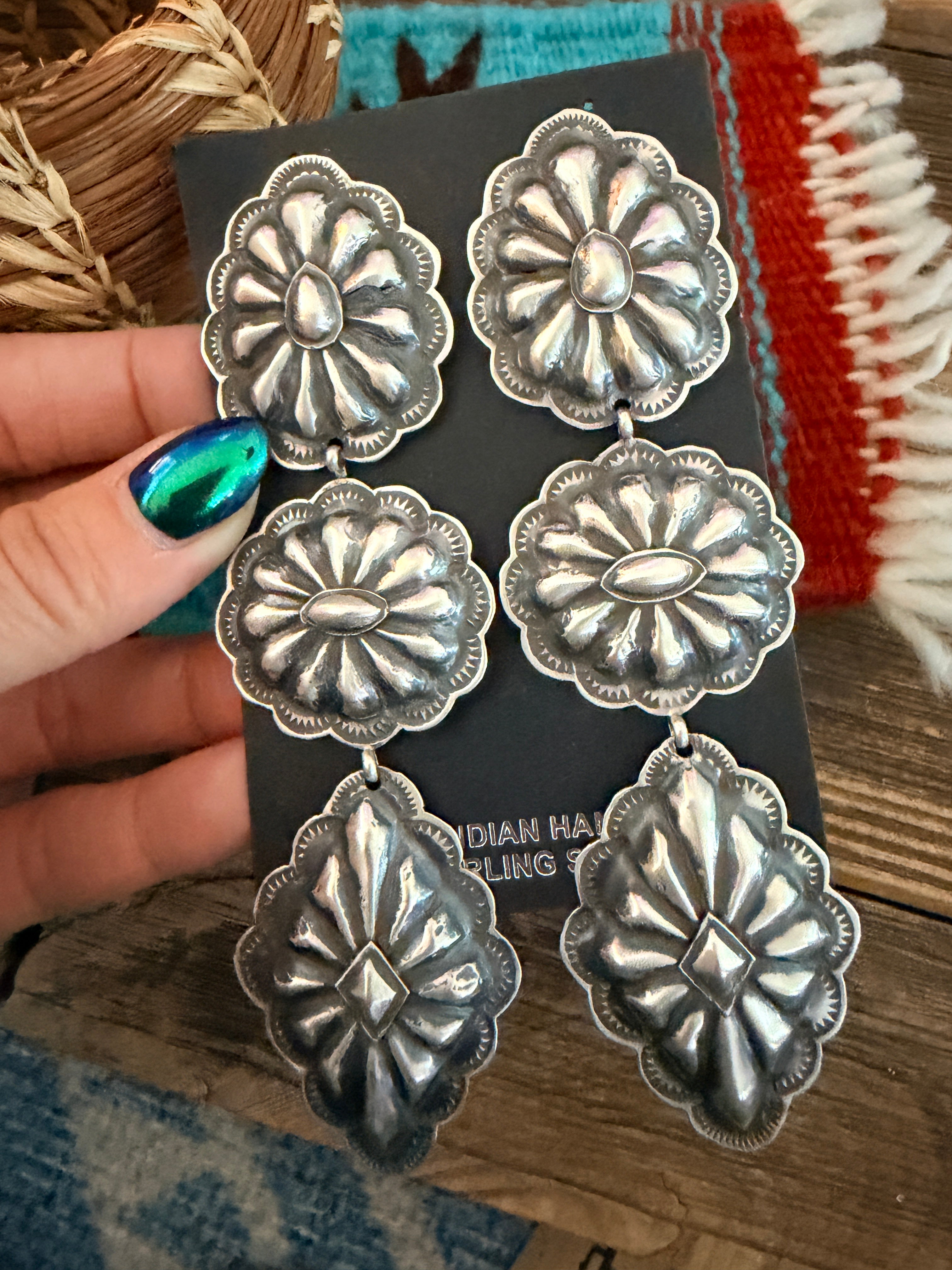 Handcrafted Sterling Silver Concho Dangle Earrings by Rita Lee
