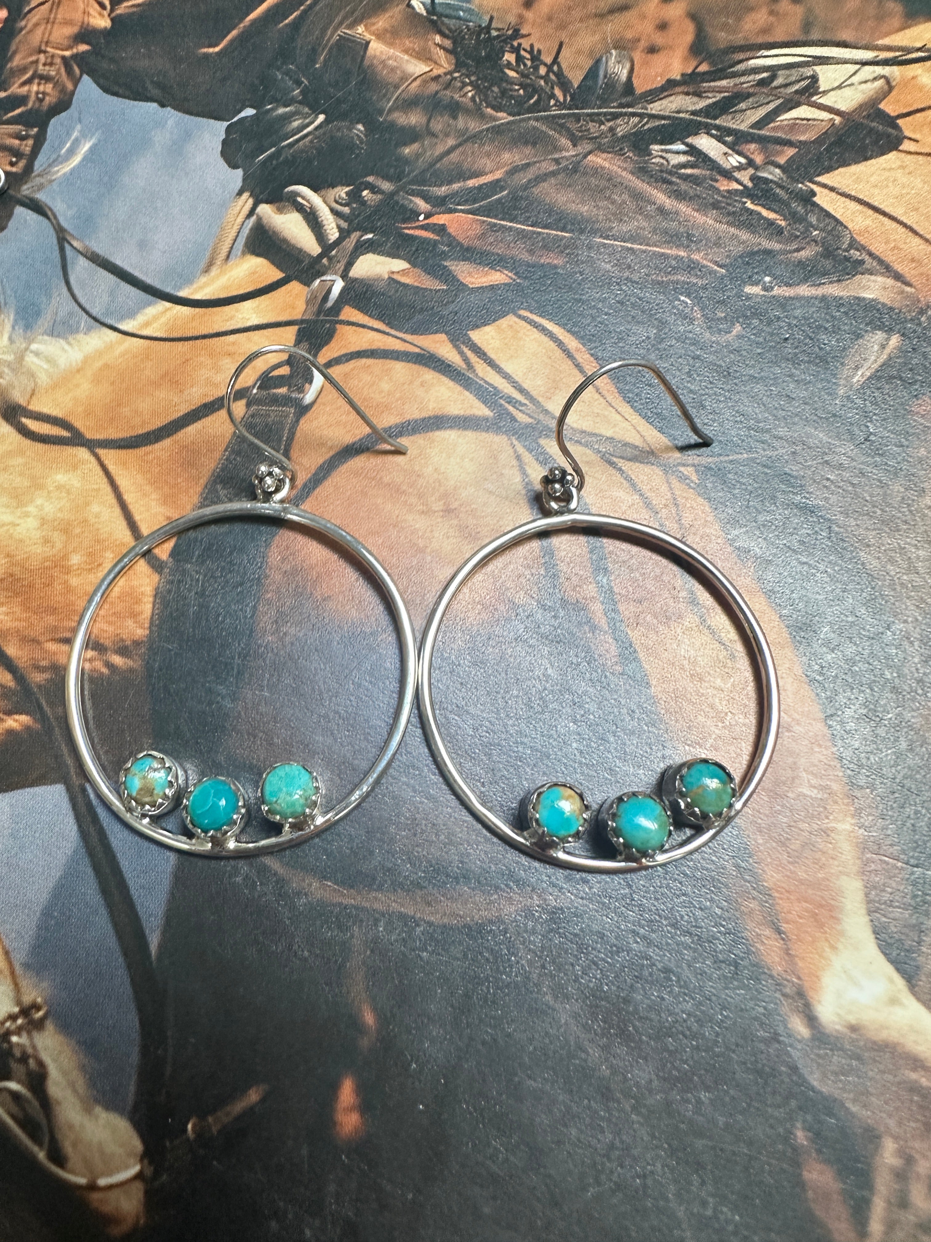 Handmade Turquoise & Sterling Silver 3 Stone Hoop Earrings Signed Nizhoni