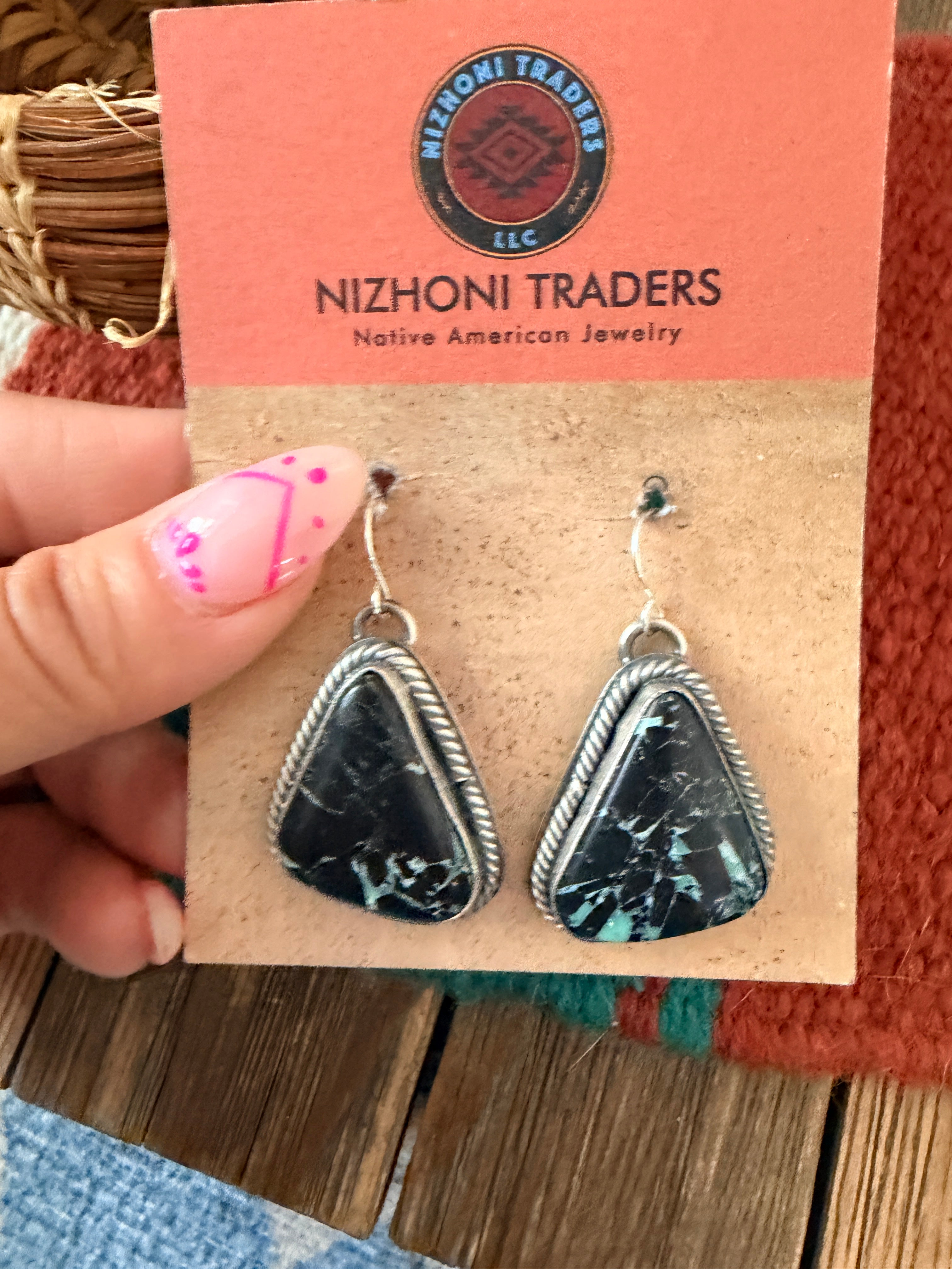 Handcrafted Sterling Silver & Blackjack Turquoise Dangle Earrings