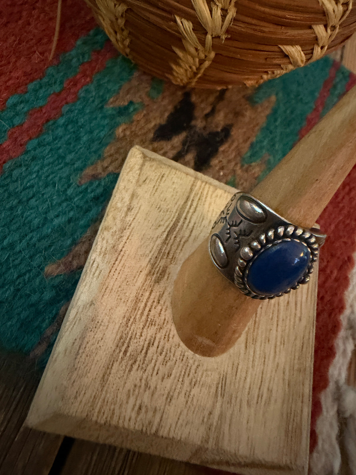 Old Pawn Handcrafted Lapis & Sterling Silver Ring Size 6.5