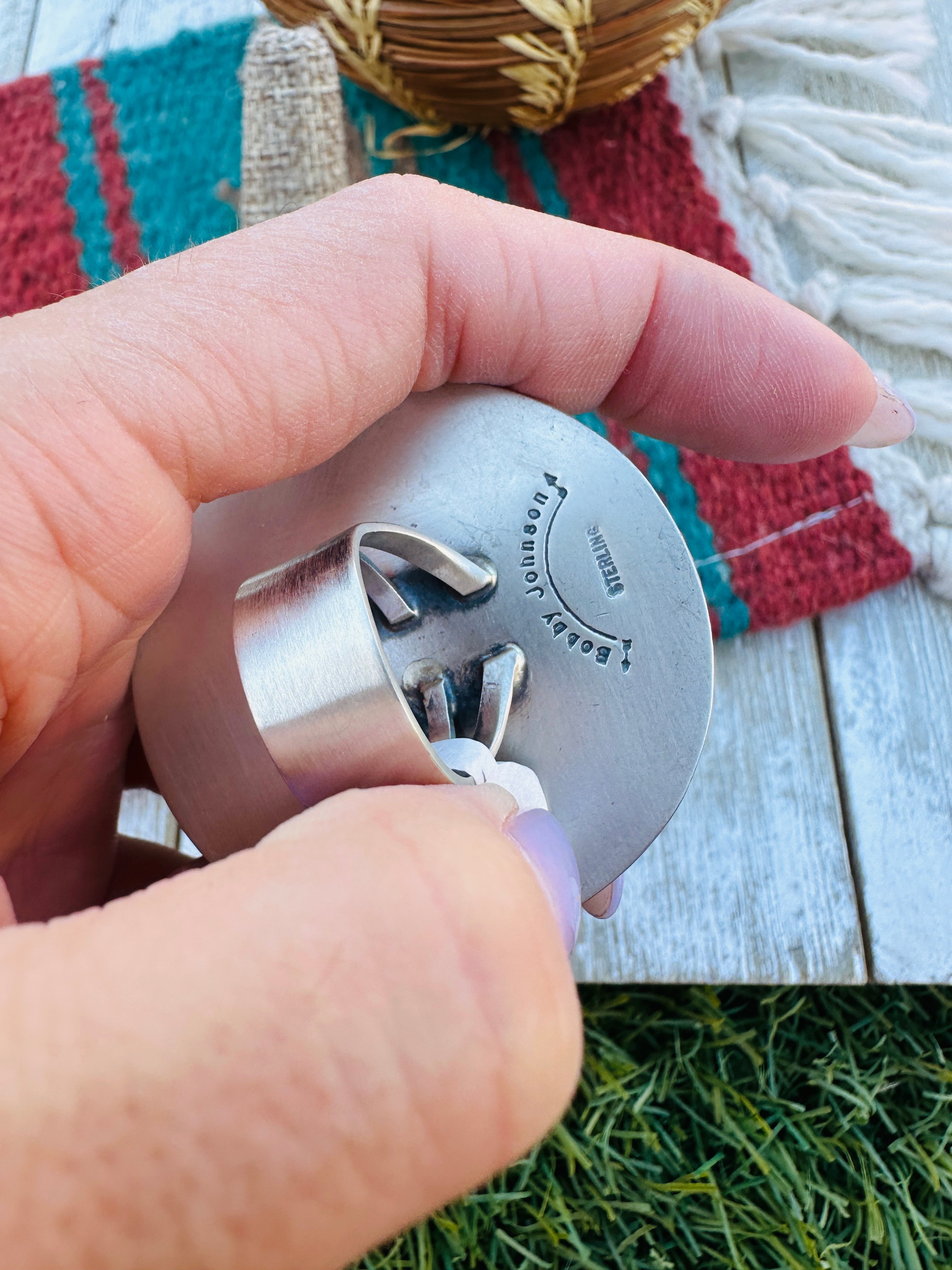 Hand Crafted Turquoise & Sterling Silver Ring Size 8 by Bobby Johnson