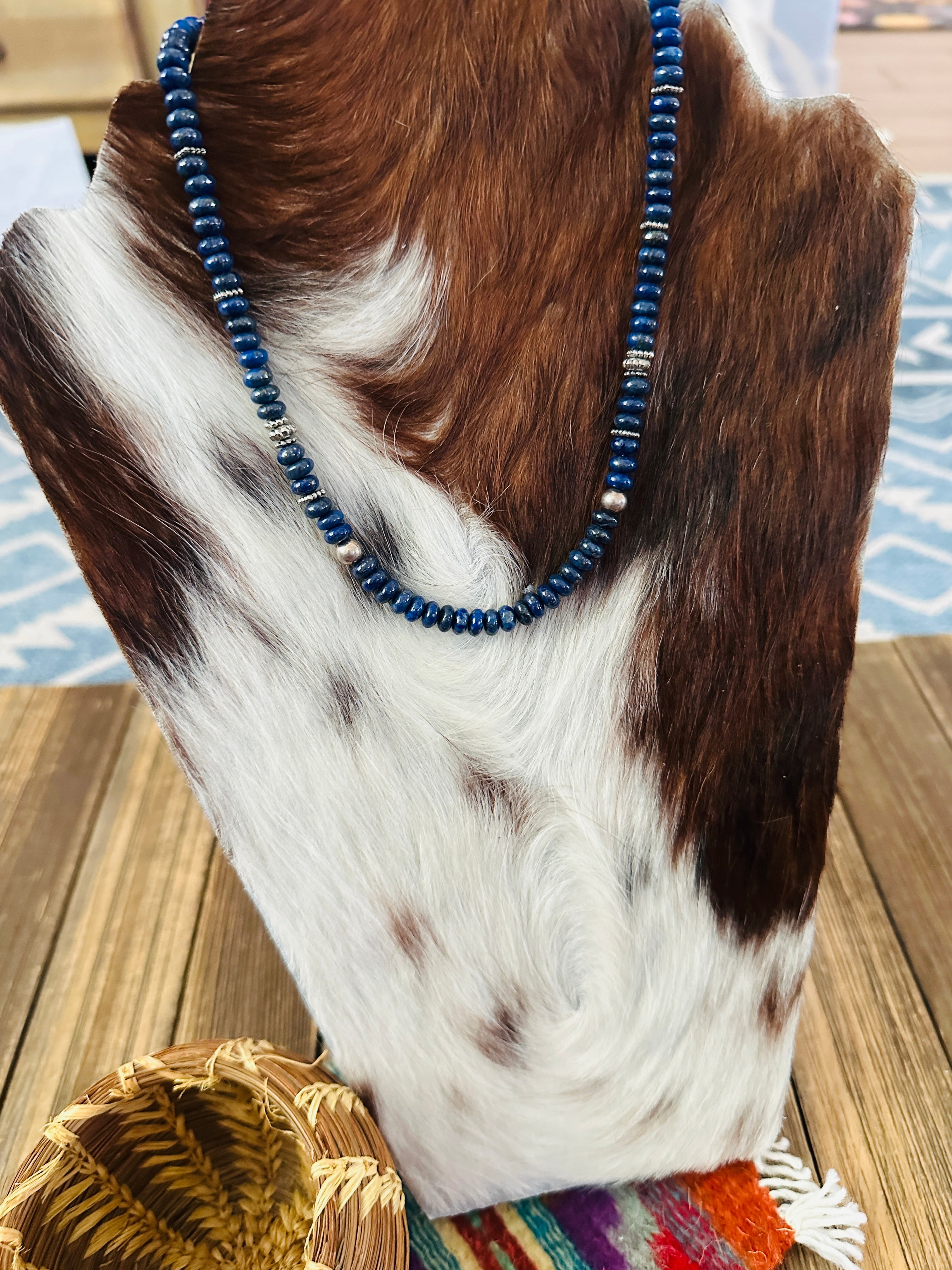 Handcrafted Lapis & Sterling Silver Beaded 16” Necklace by T & R Singer