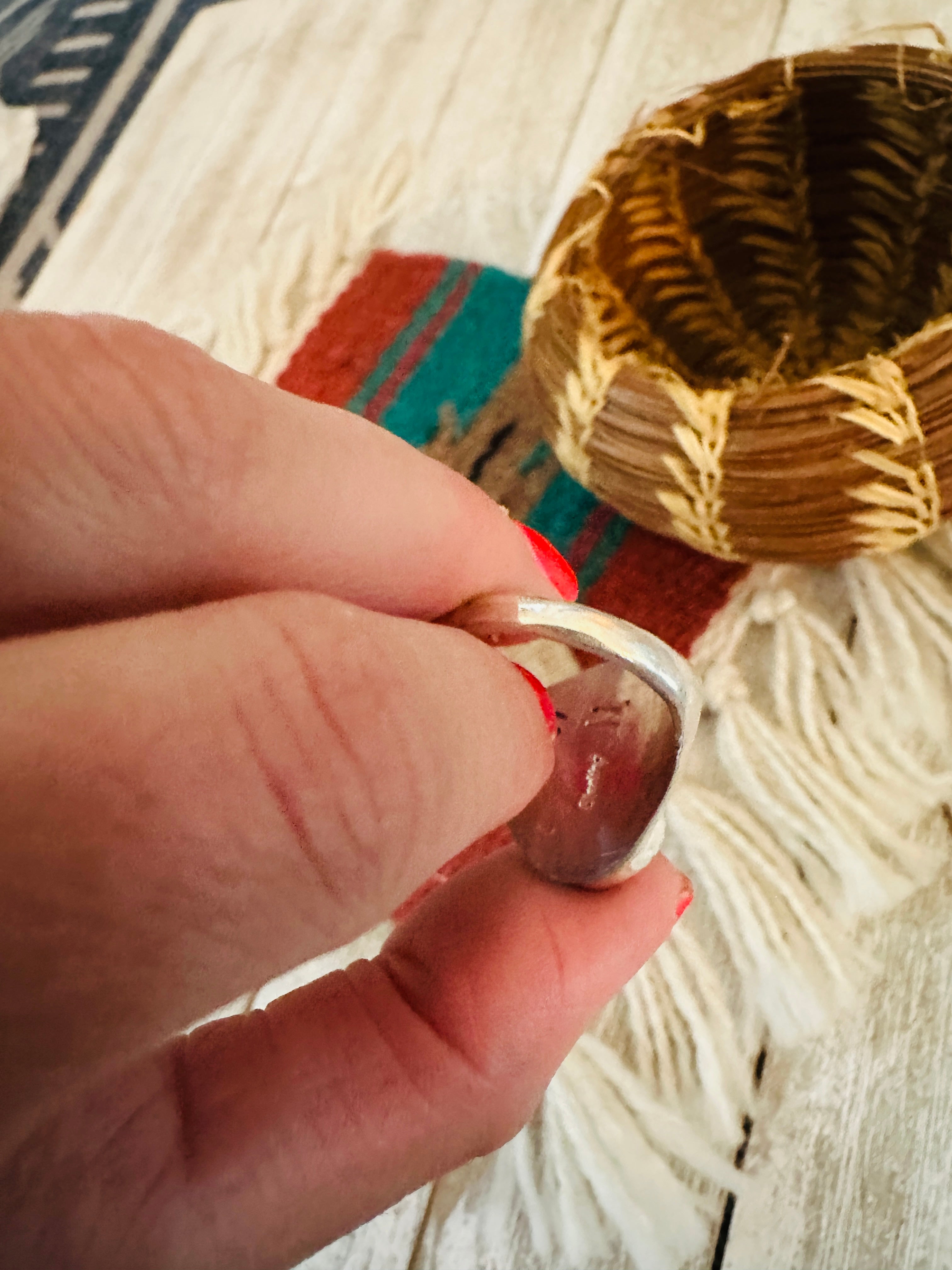 Handcrafted Turquoise & Sterling Silver Cigar Band Ring Size 10