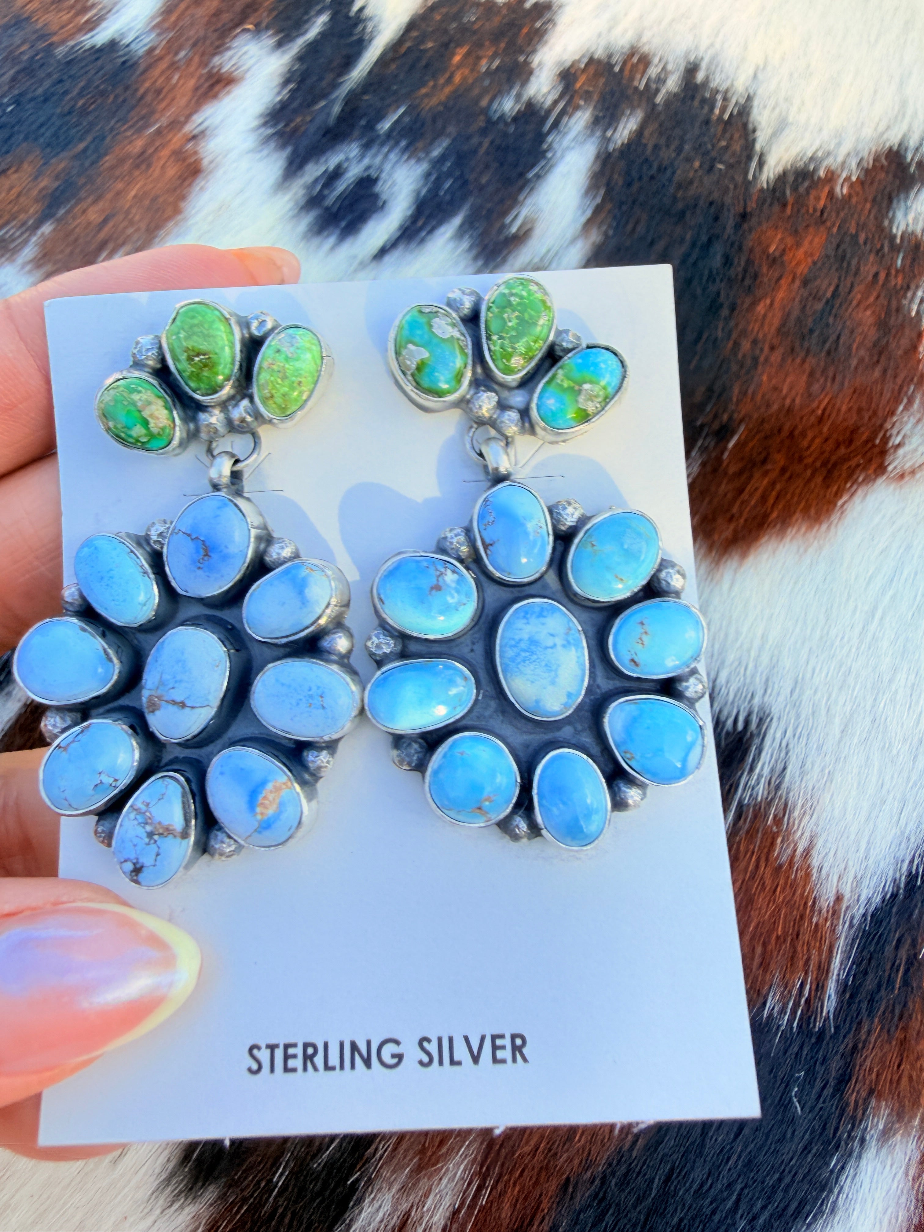 Handcrafted Multi Turquoise & Sterling Silver Cluster Dangle Earrings