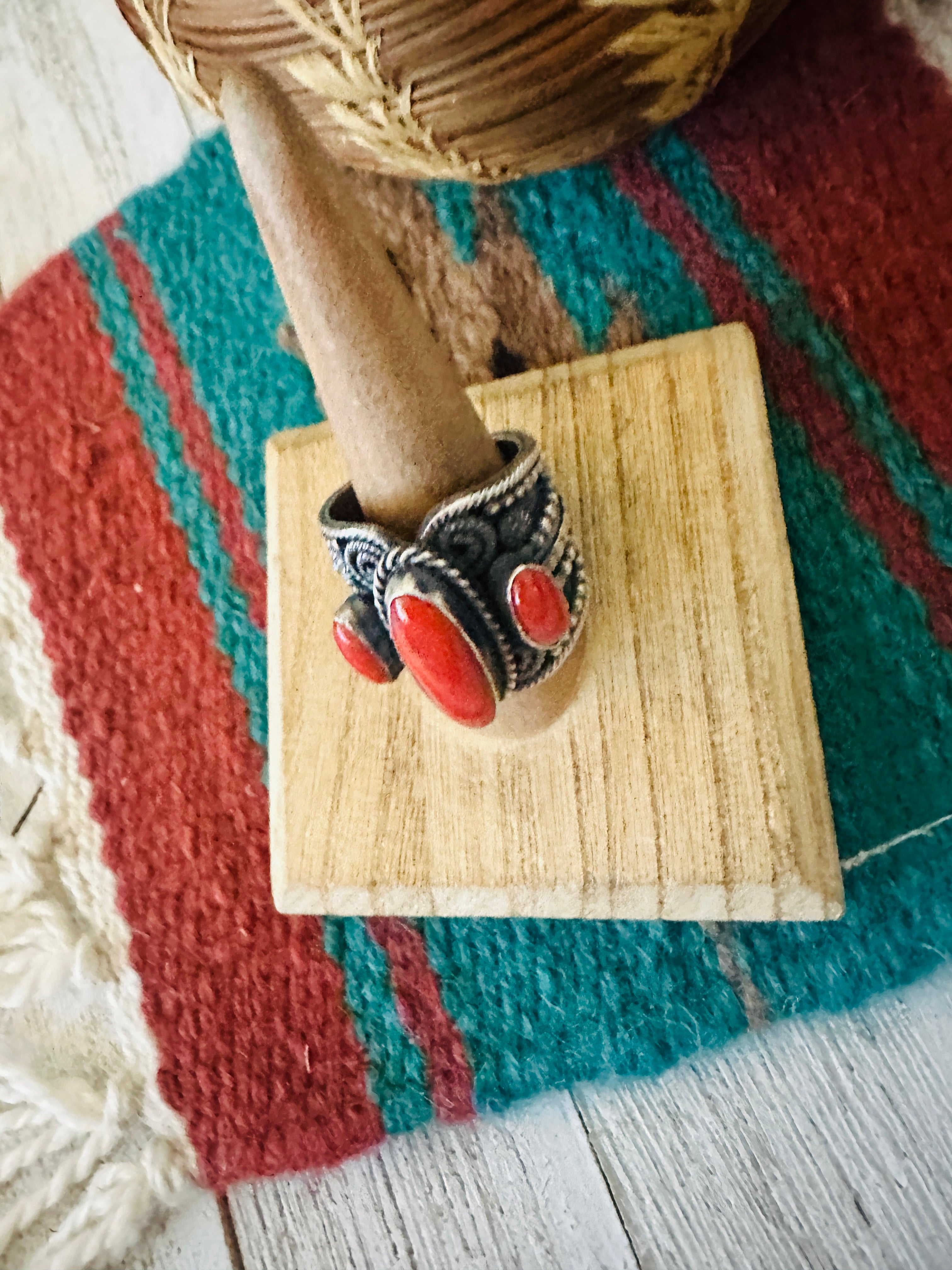 Navajo Sterling Silver and Coral Ring Size 10 by Hemerson Brown