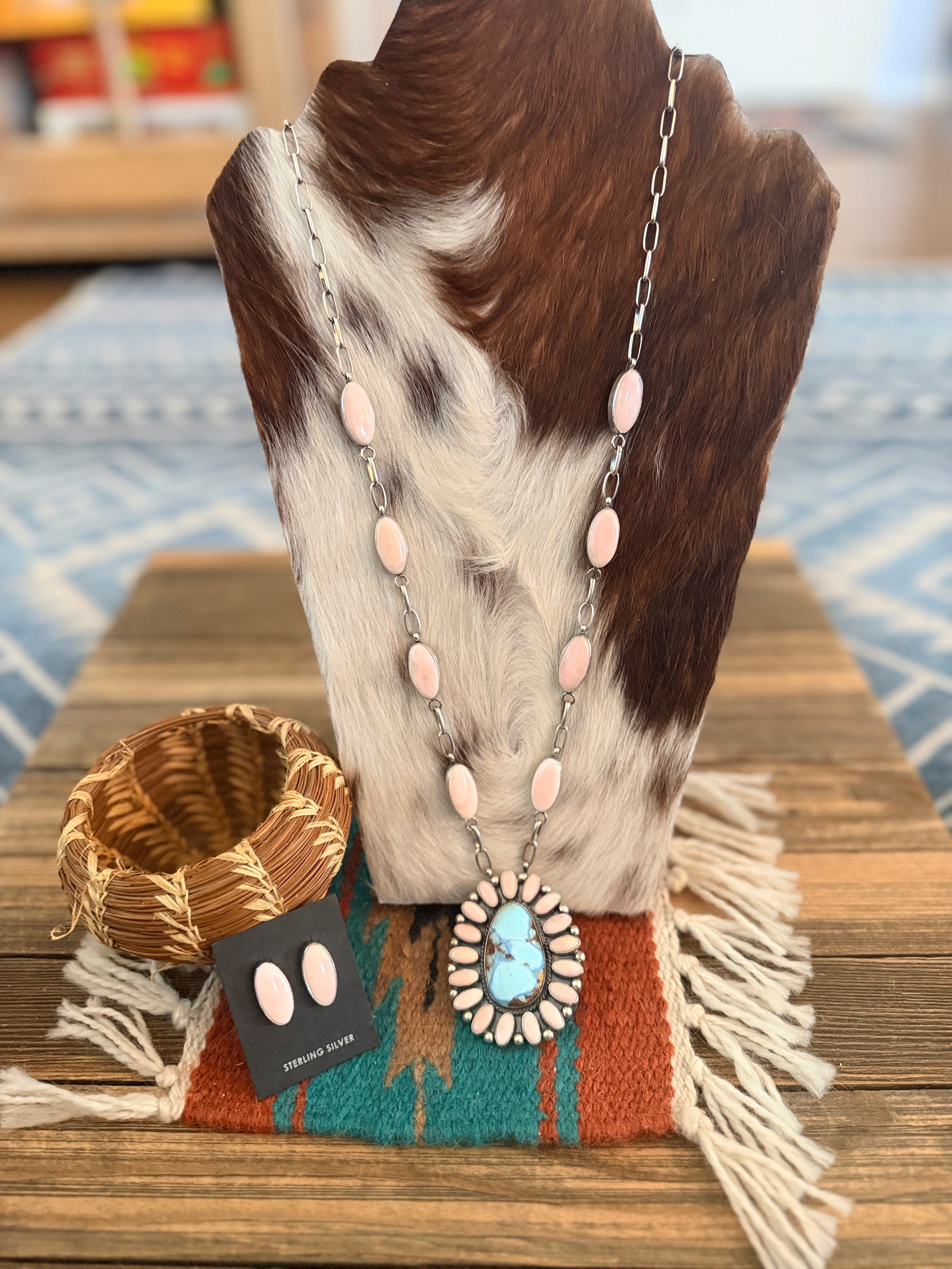 Handcrafted Queen Pink Conch, Turquoise & Sterling Silver Cluster Necklace Set