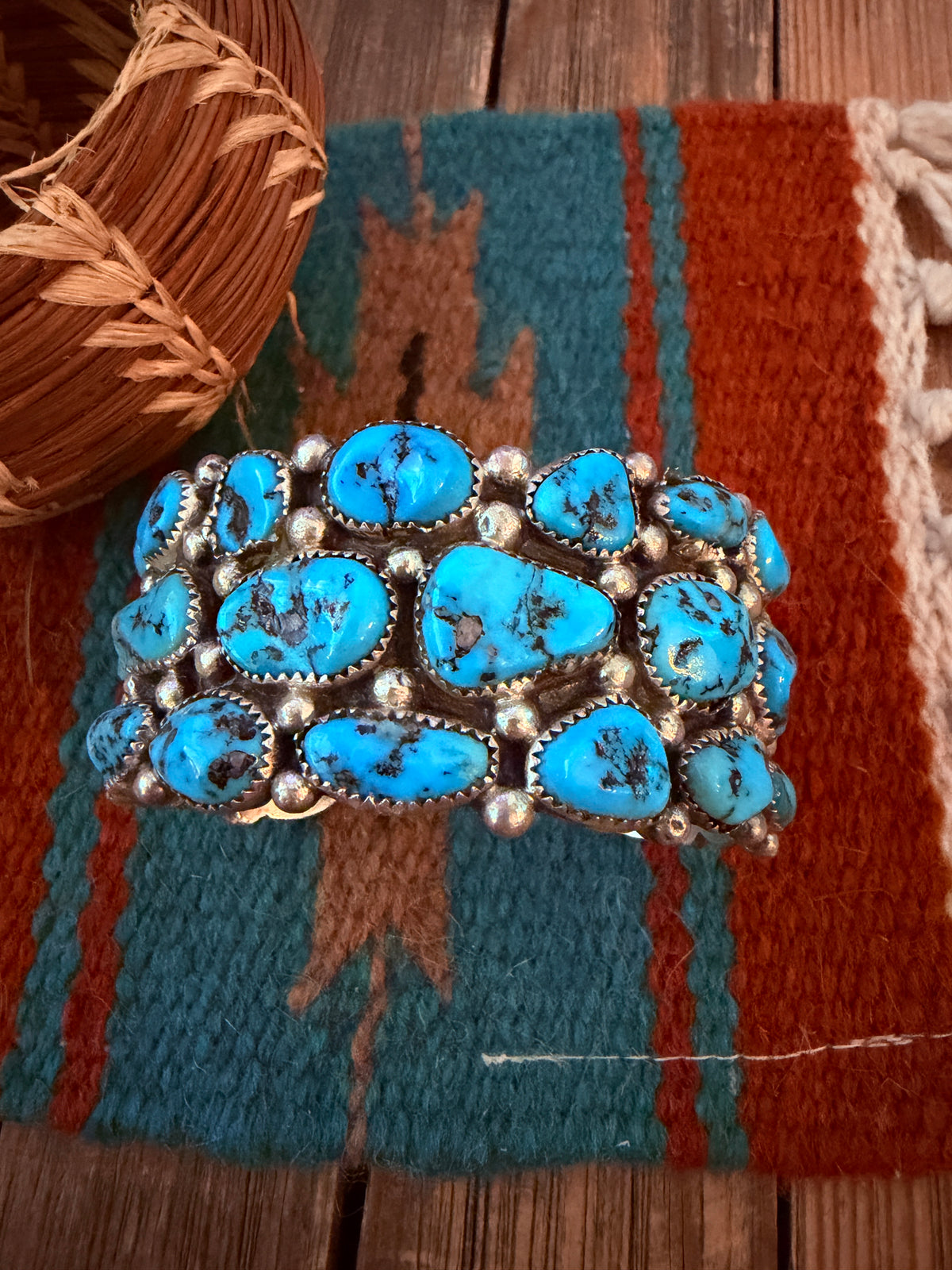 Handcrafted Old Pawn Sterling Silver & Kingman Turquoise Cluster Cuff Bracelet