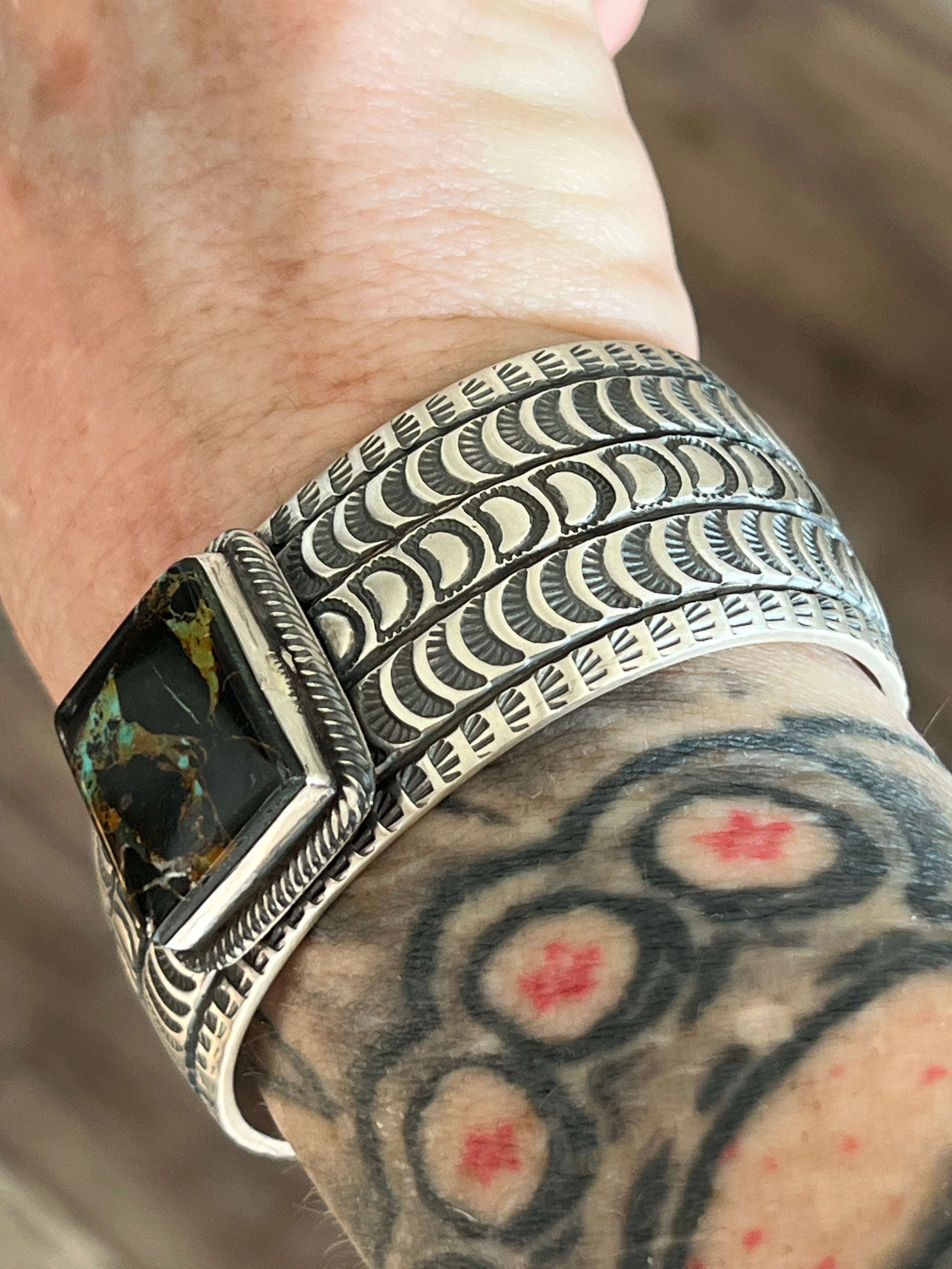 Handcrafted Sterling Silver and Blackjack Turquoise Hand Stamped Cuff Bracelet by Randy Boyd