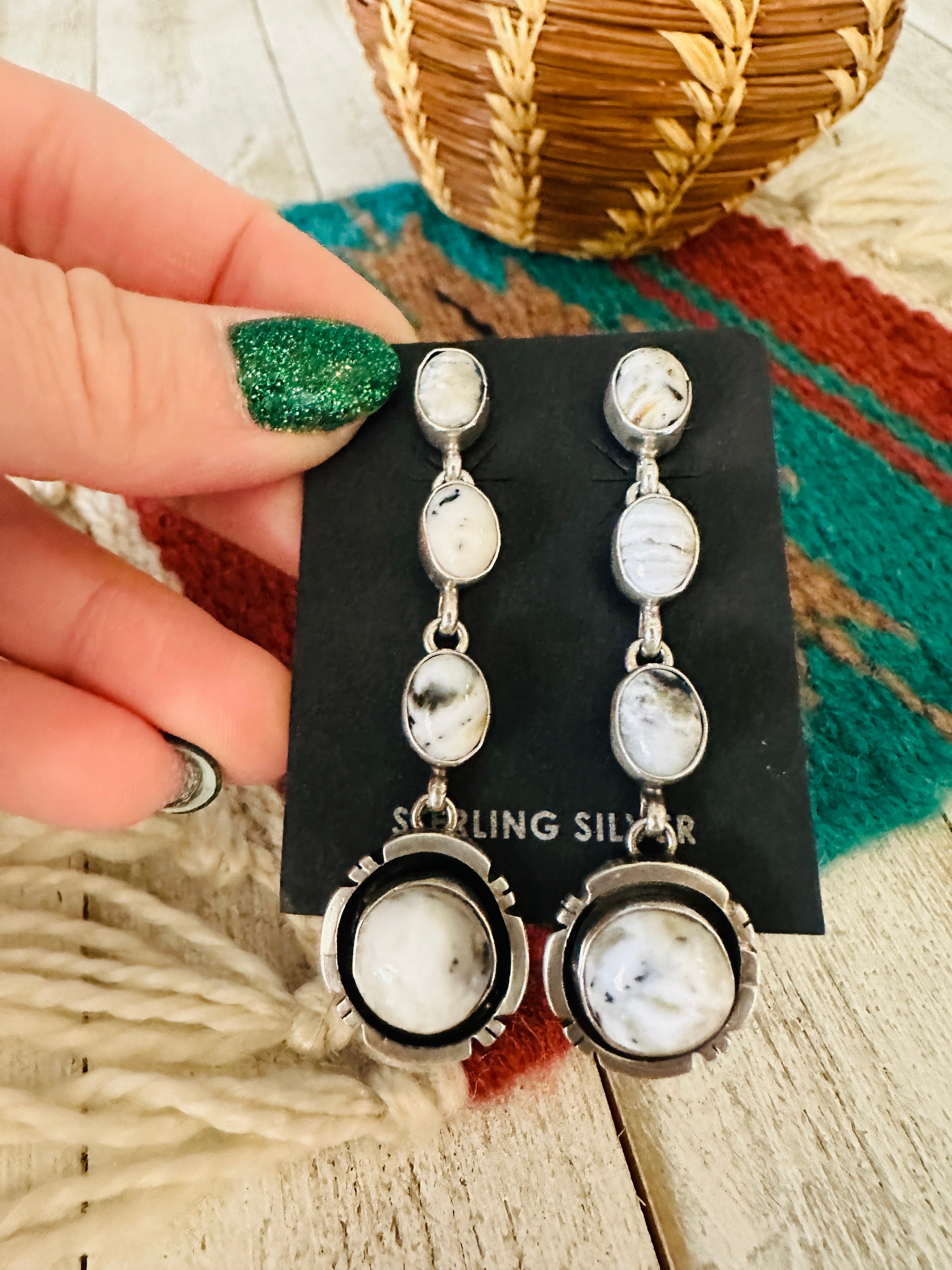 Navajo White Buffalo & Sterling Silver Dangle Earrings