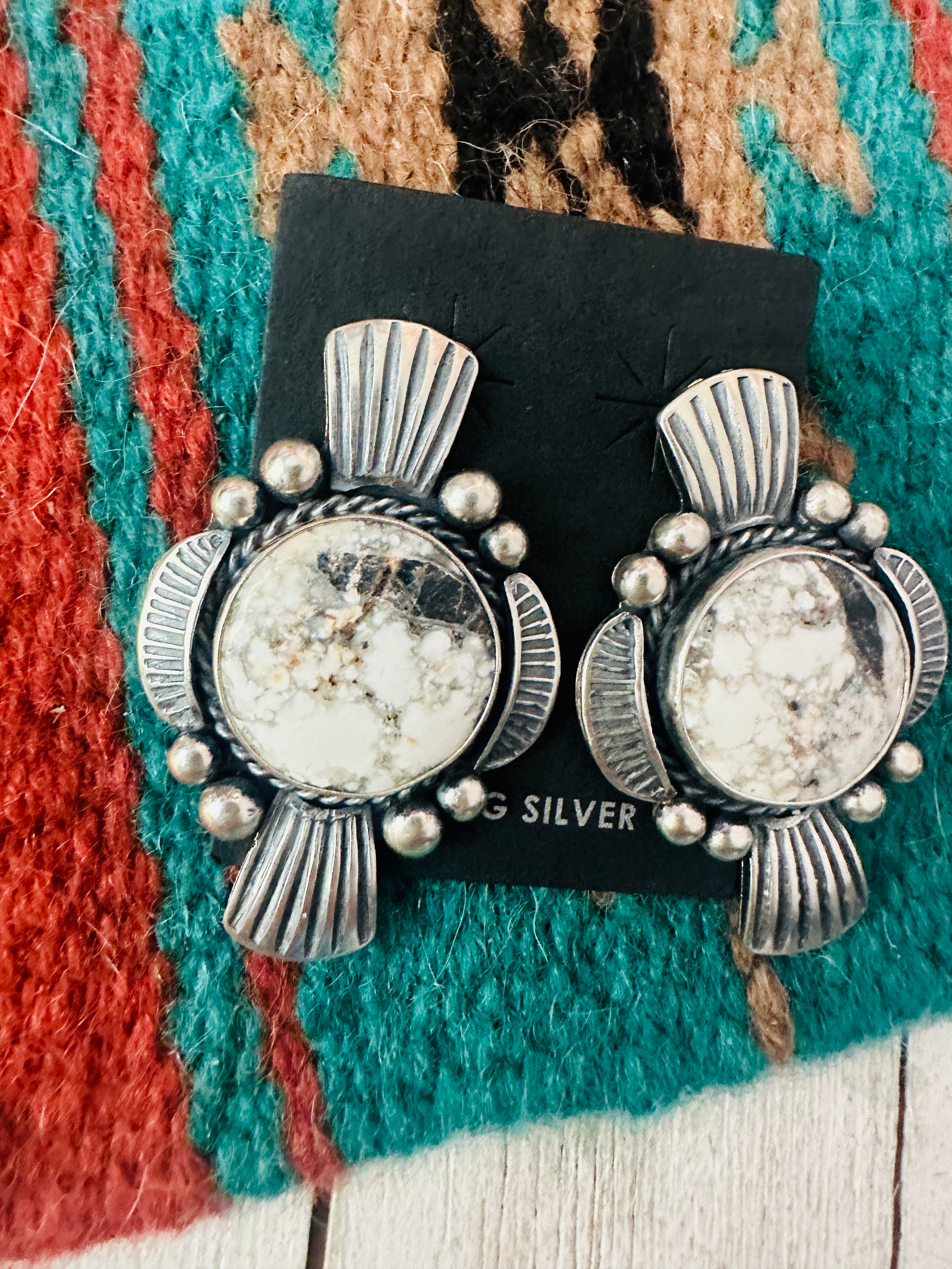 Navajo White Buffalo & Sterling Silver Post Earrings