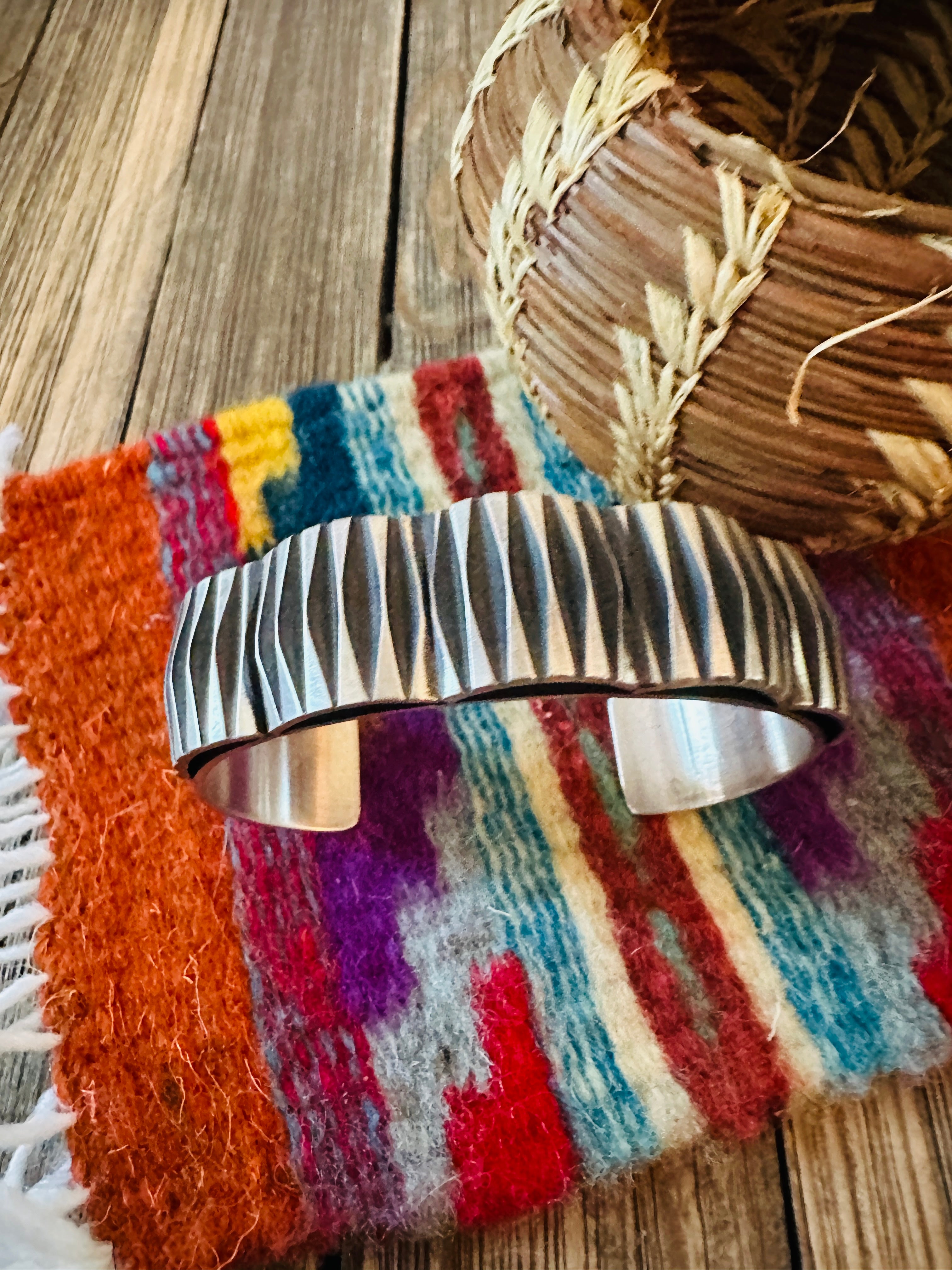 Hand Stamped Sterling Silver Cuff Bracelet by Leander Tahe