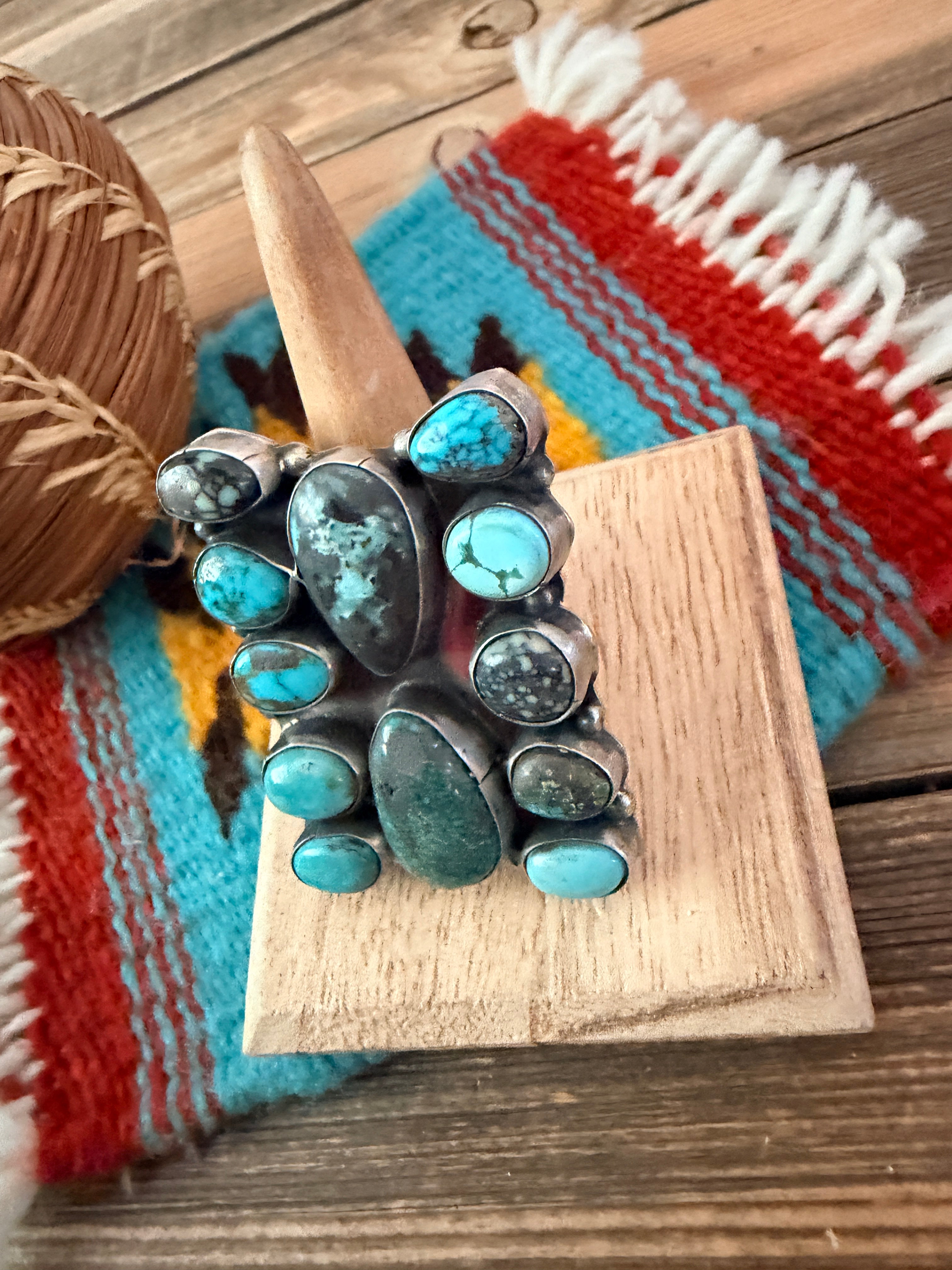 Handcrafted Multi Turquoise & Sterling Silver Cluster Ring Size 8