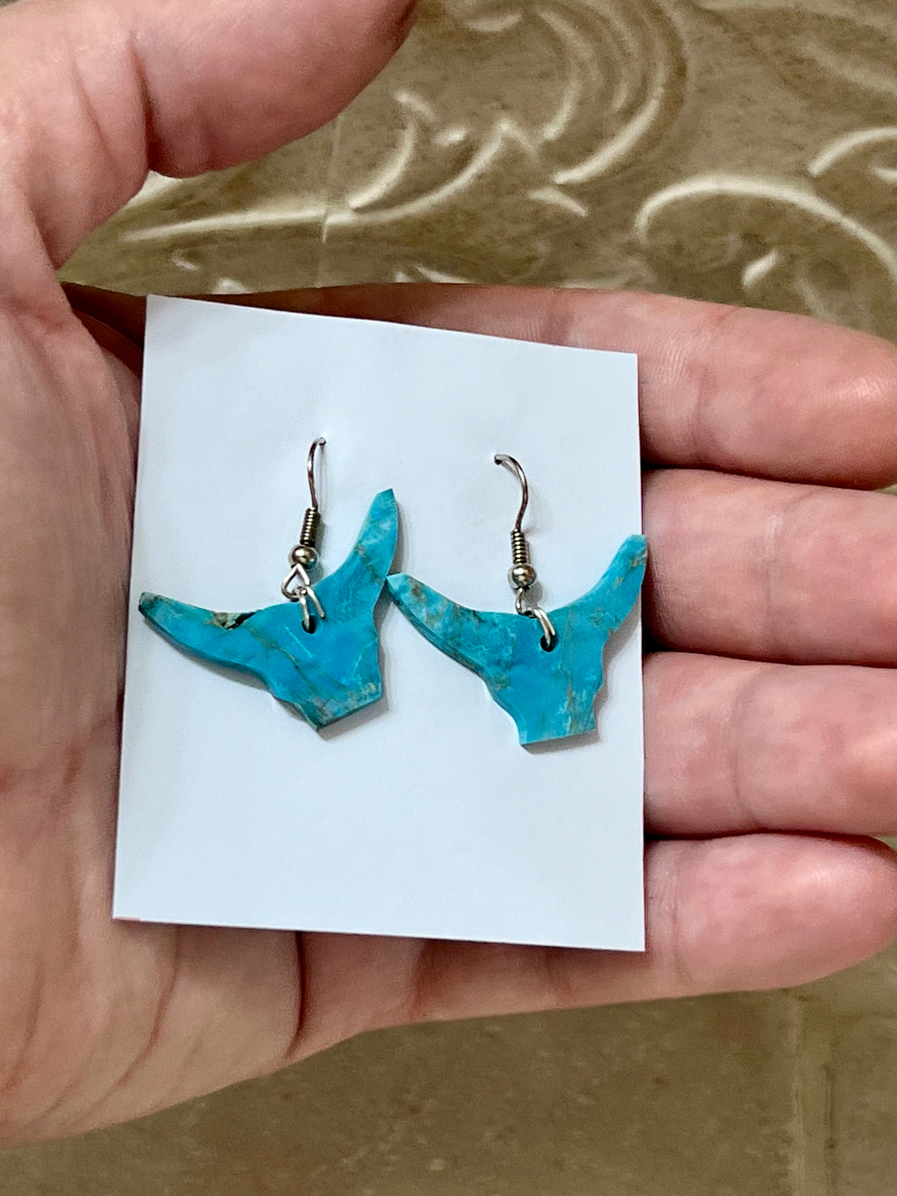 Handcrafted Blue Indigo Turquoise & Sterling Silver Bull head Slab Earrings