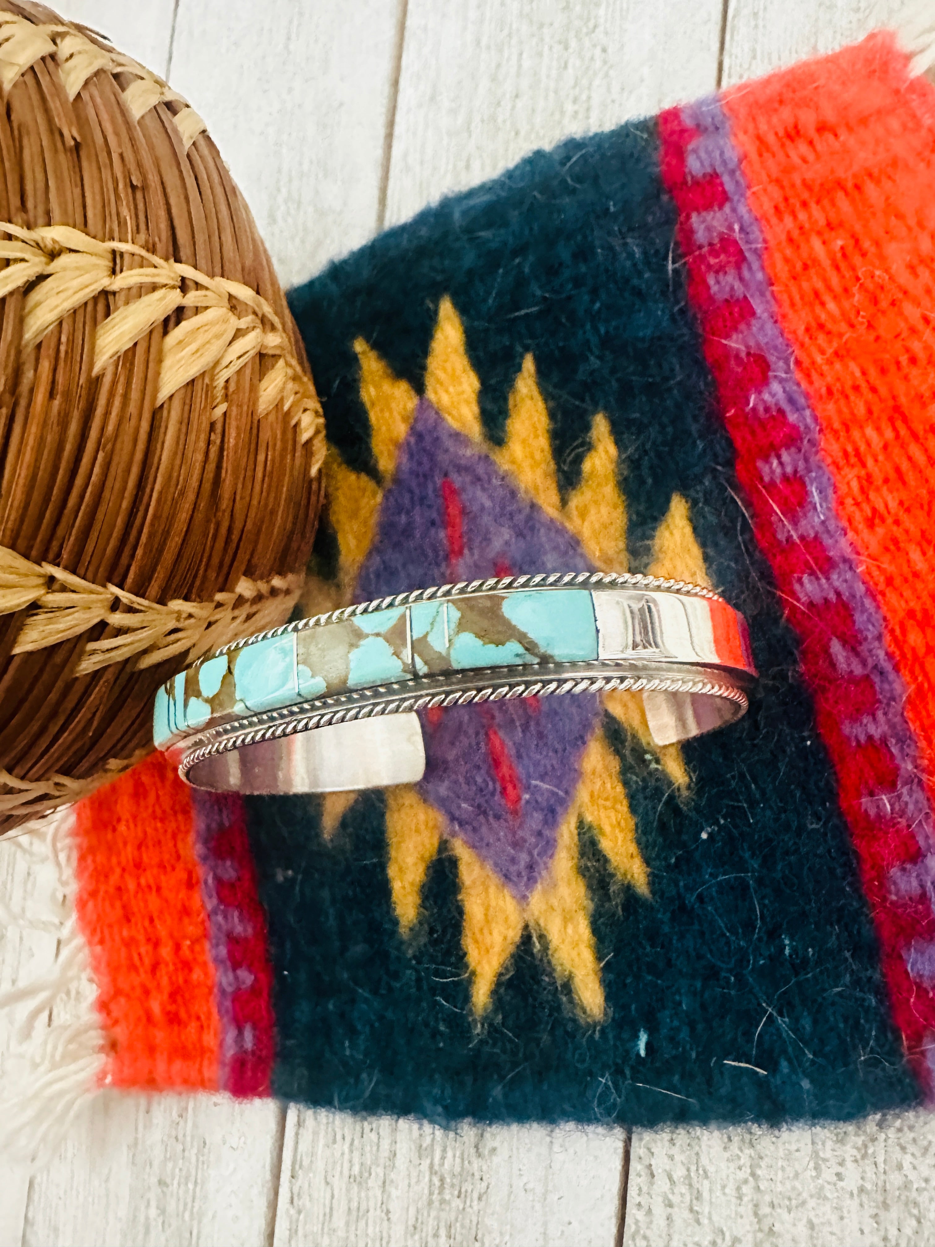 Navajo Number 8 Turquoise & Sterling Silver Inlay Cuff Bracelet