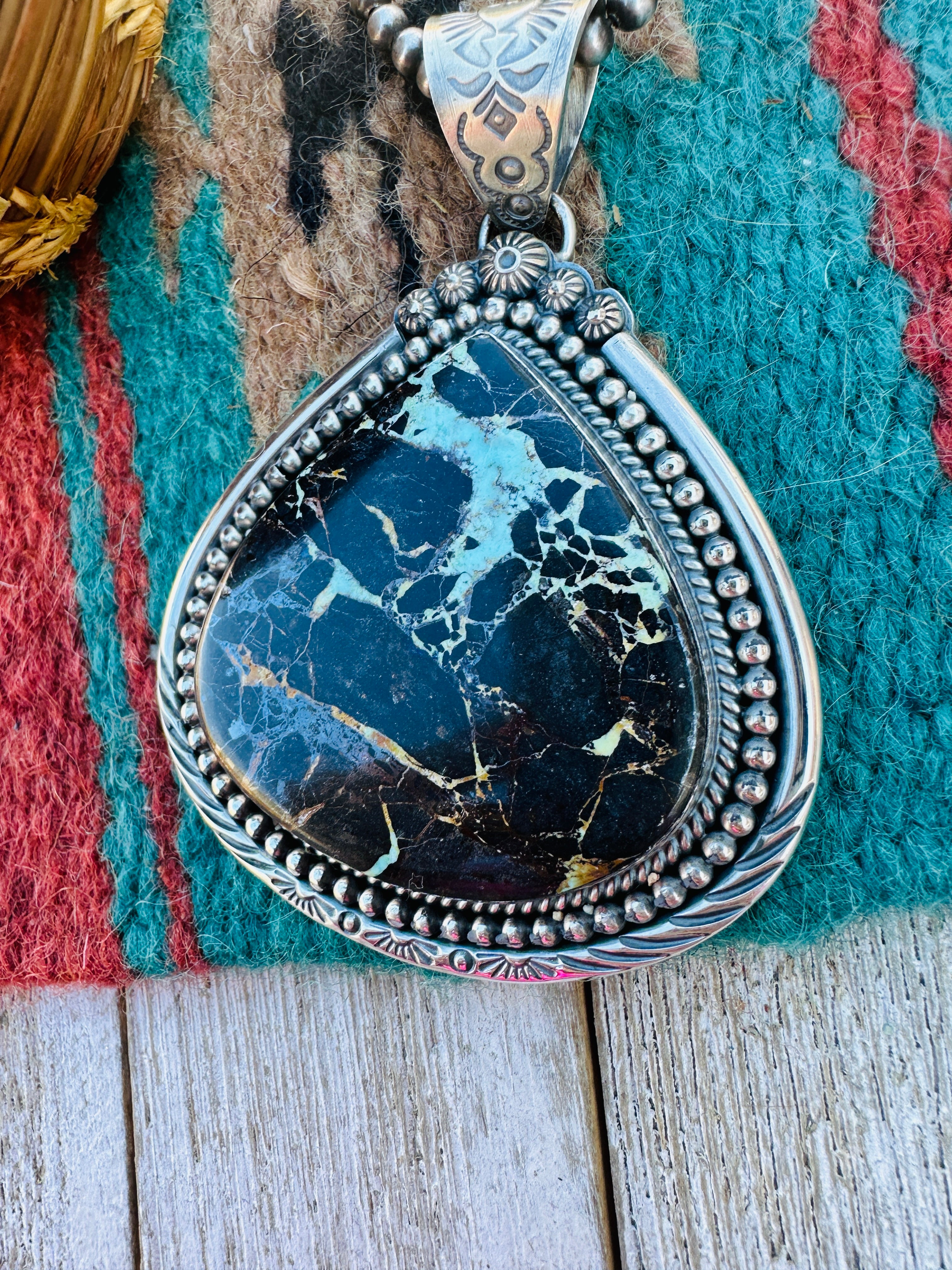Handcrafted Sterling Silver & Blackjack Turquoise Pendant