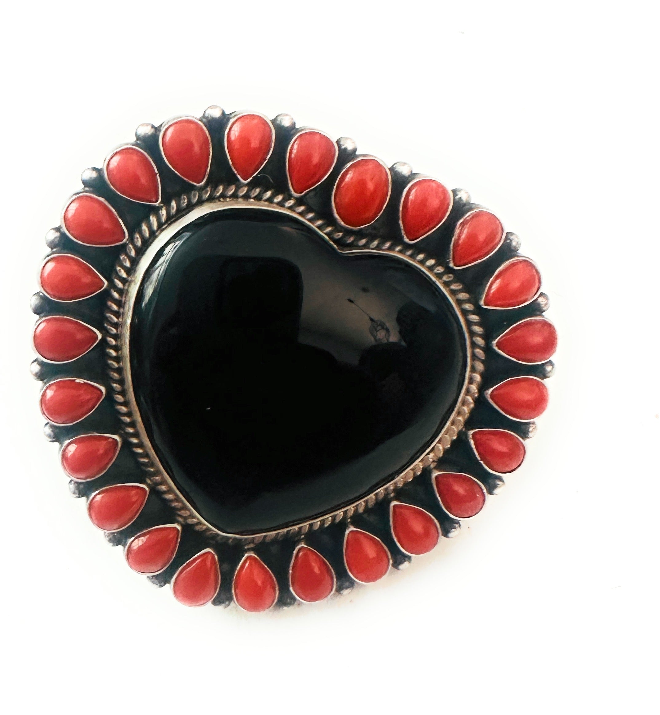 Navajo Sterling Silver, Onyx & Coral Heart Adjustable Ring