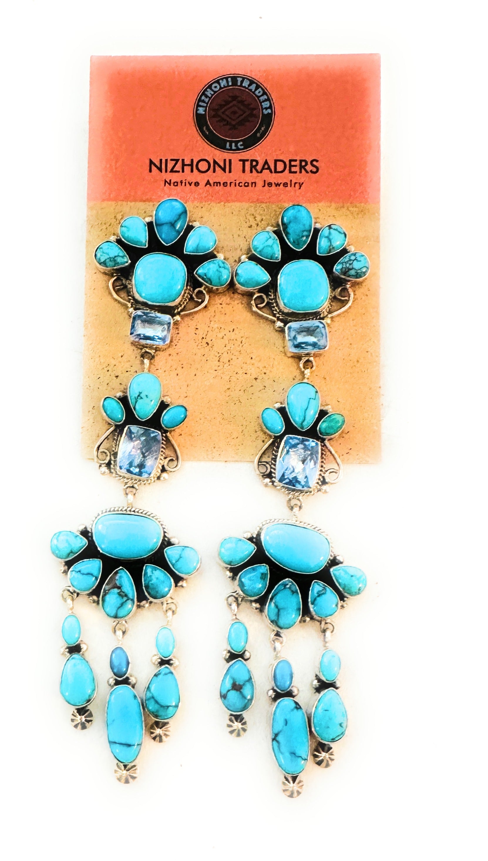 Navajo Turquoise, Topaz & Sterling Silver Chandelier Dangle Earrings