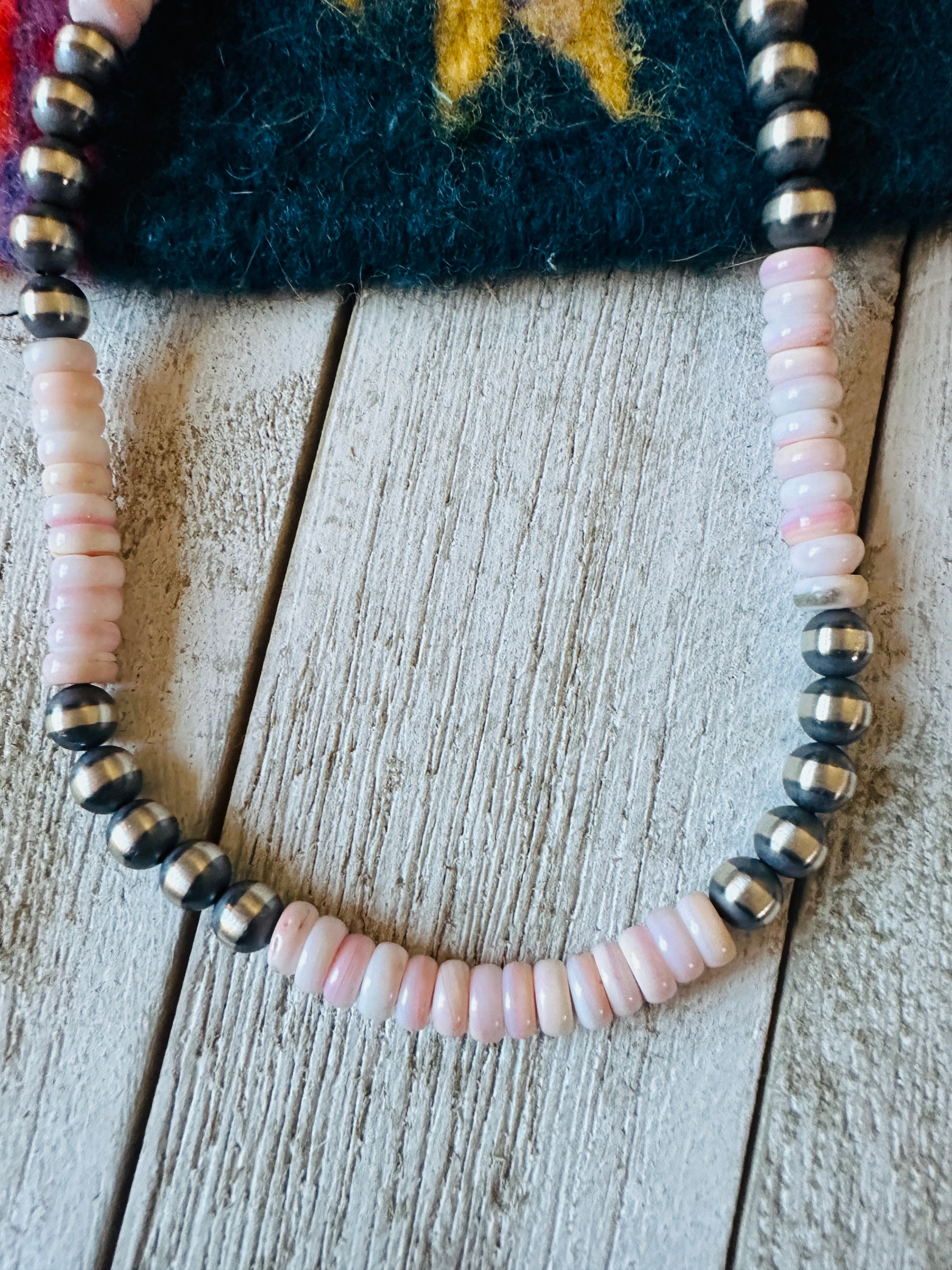 Navajo Sterling Silver Pearl & Queen Pink Conch Beaded 14” Necklace