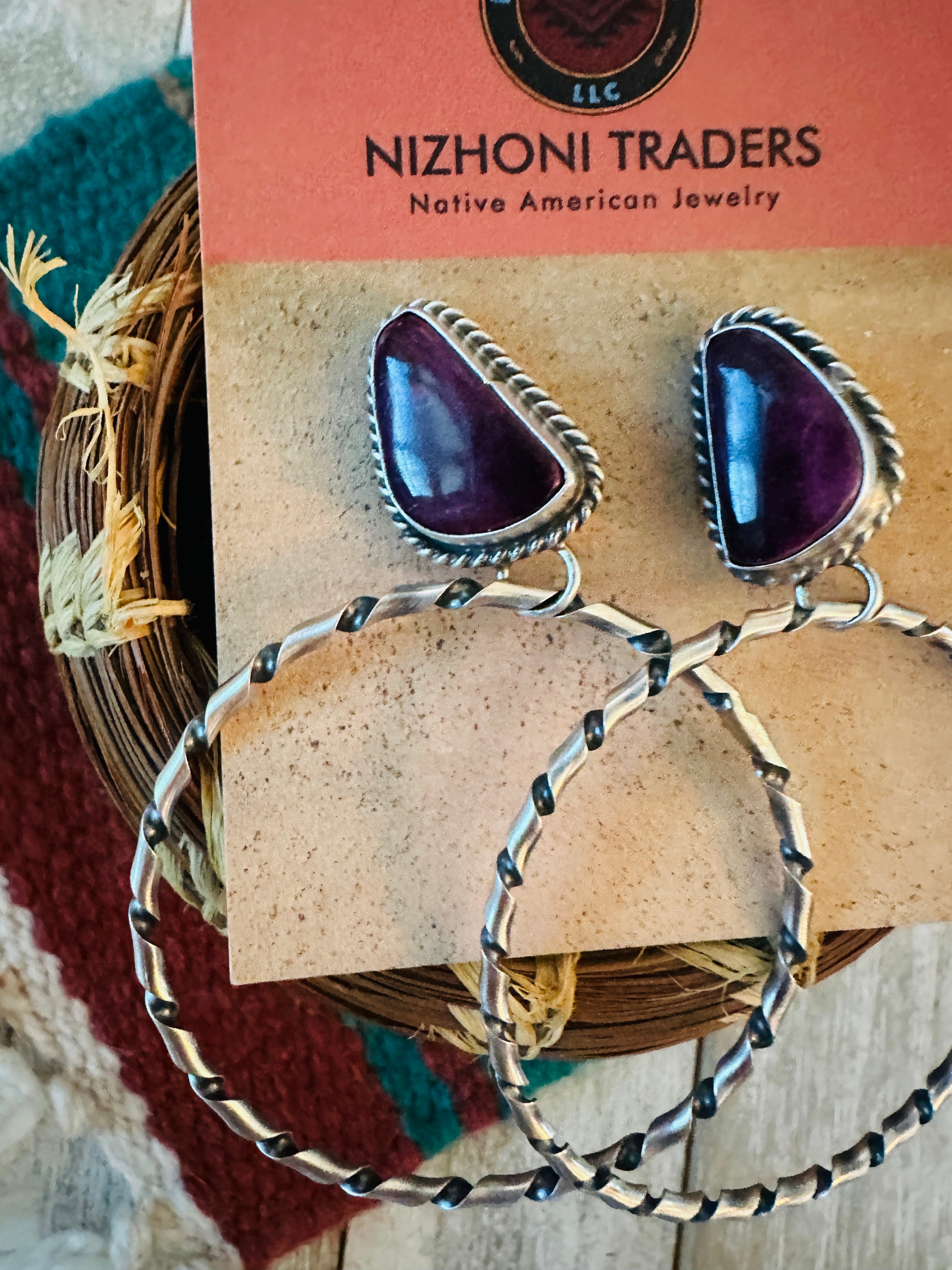Navajo Purple Spiny and Sterling Silver Dangle Hoop Earrings