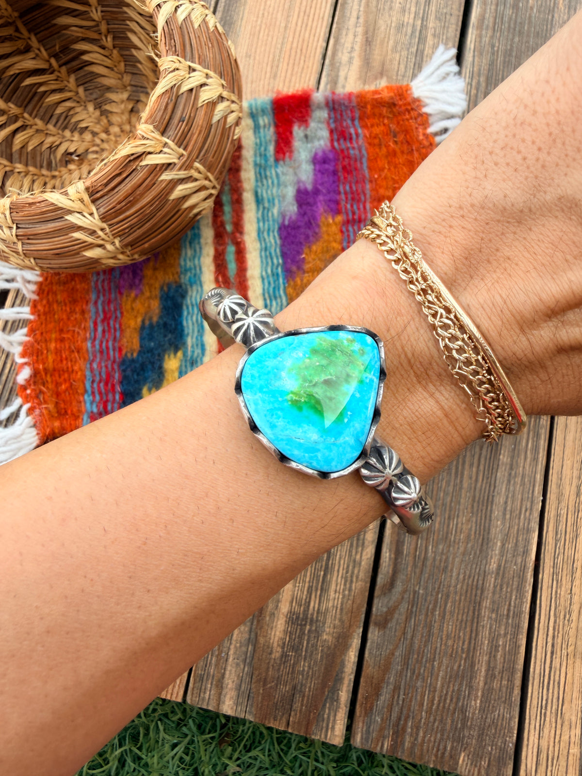 Handcrafted Sonoran Mountain Turquoise & Sterling Silver Cuff Bracelet by Charles Johnson