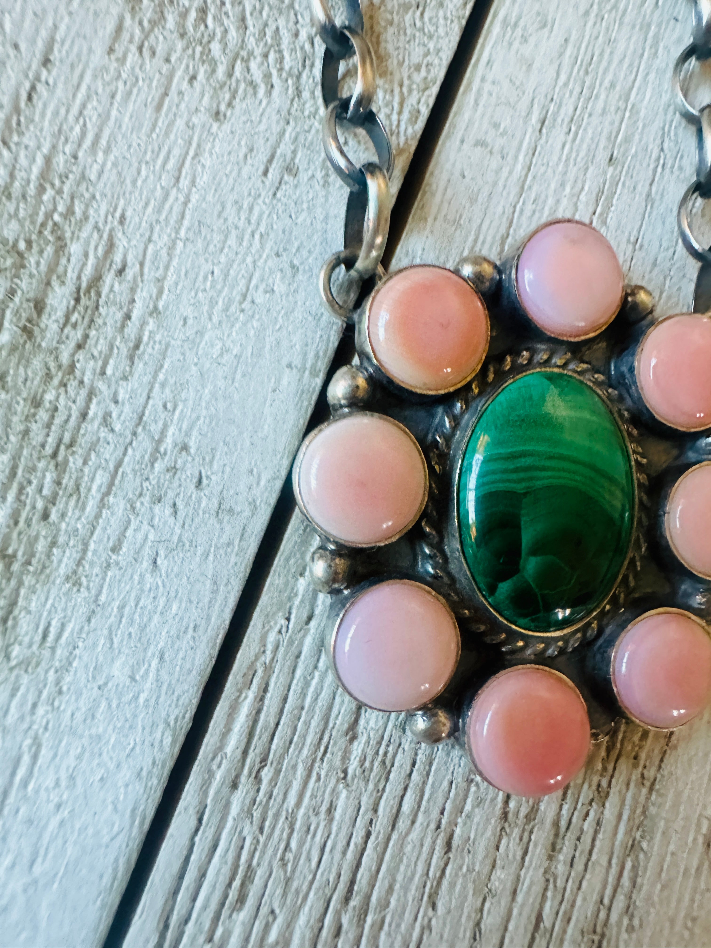 Navajo Sterling Silver, Queen Pink Conch Shell & Malachite Necklace