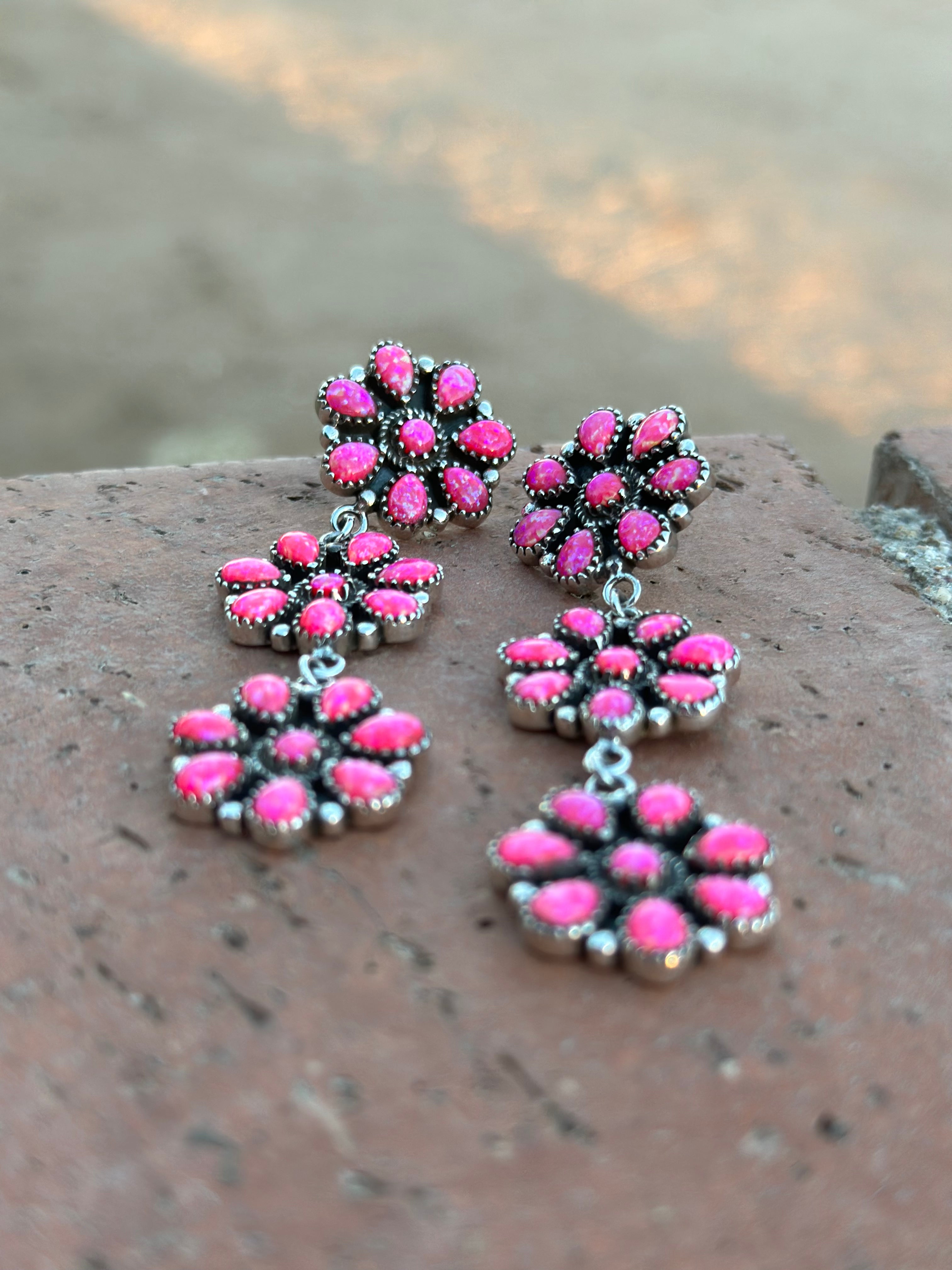 “The Barbie Collection” Handmade Pink Opal & Sterling Silver Cluster Flower Dangle Earrings