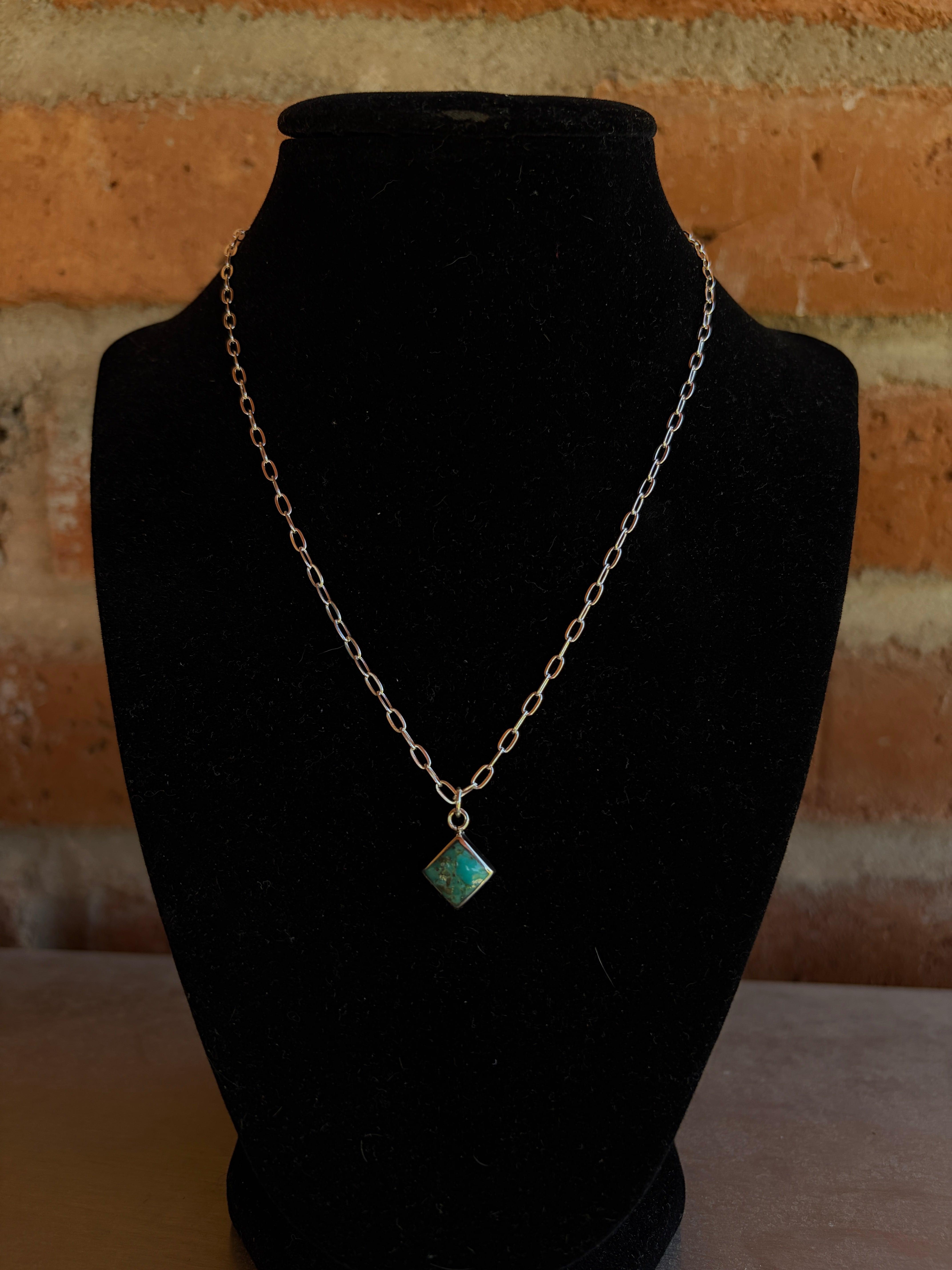 Handmade Sterling Silver and Turquoise Chain Square Necklace