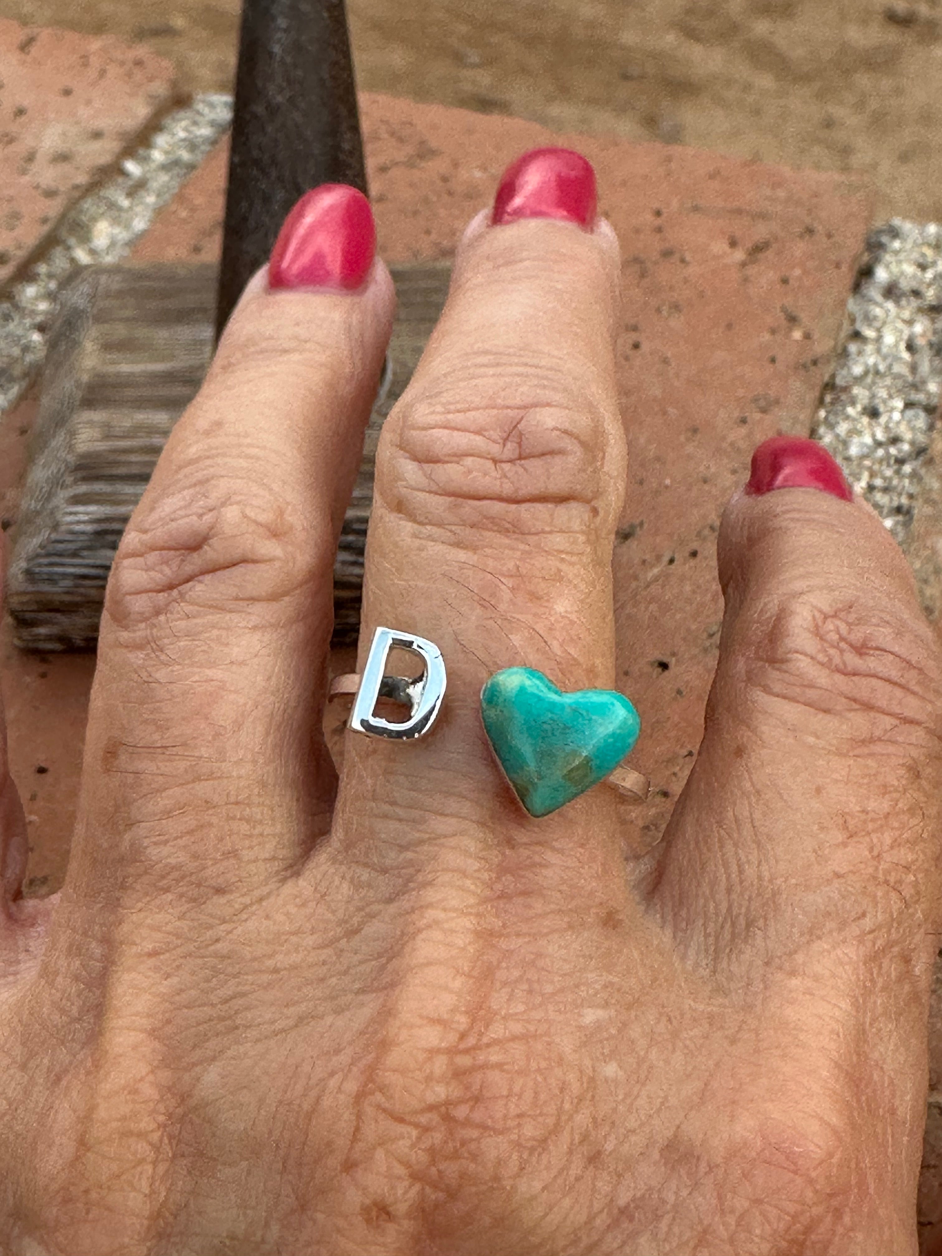 Handmade Sterling Silver & Turquoise Adjustable Initial Heart Ring