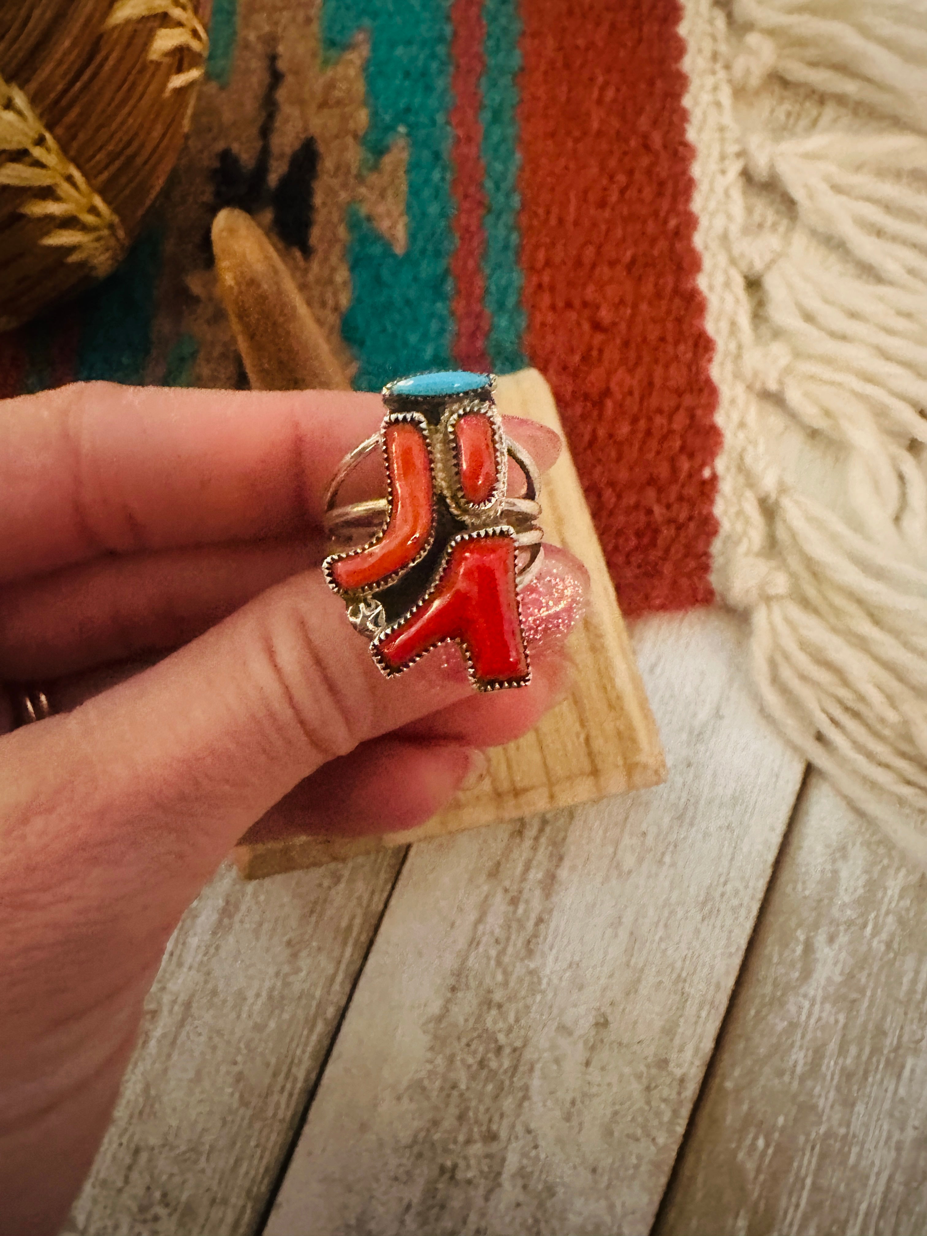 Zuni Coral, Turquoise & Sterling Silver Ring Size 6