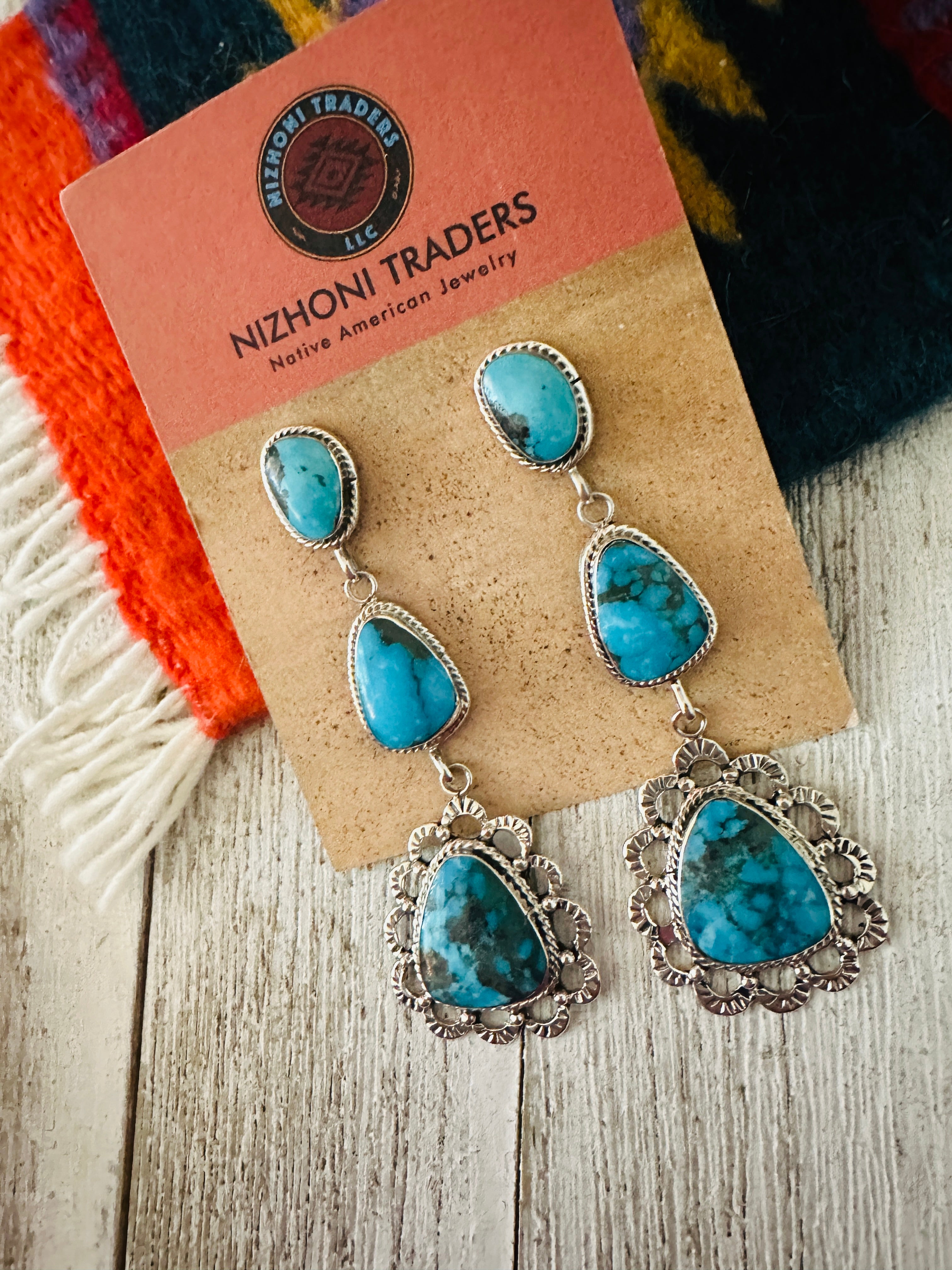 Navajo Kingman Web Turquoise and Sterling Silver Dangle Earrings