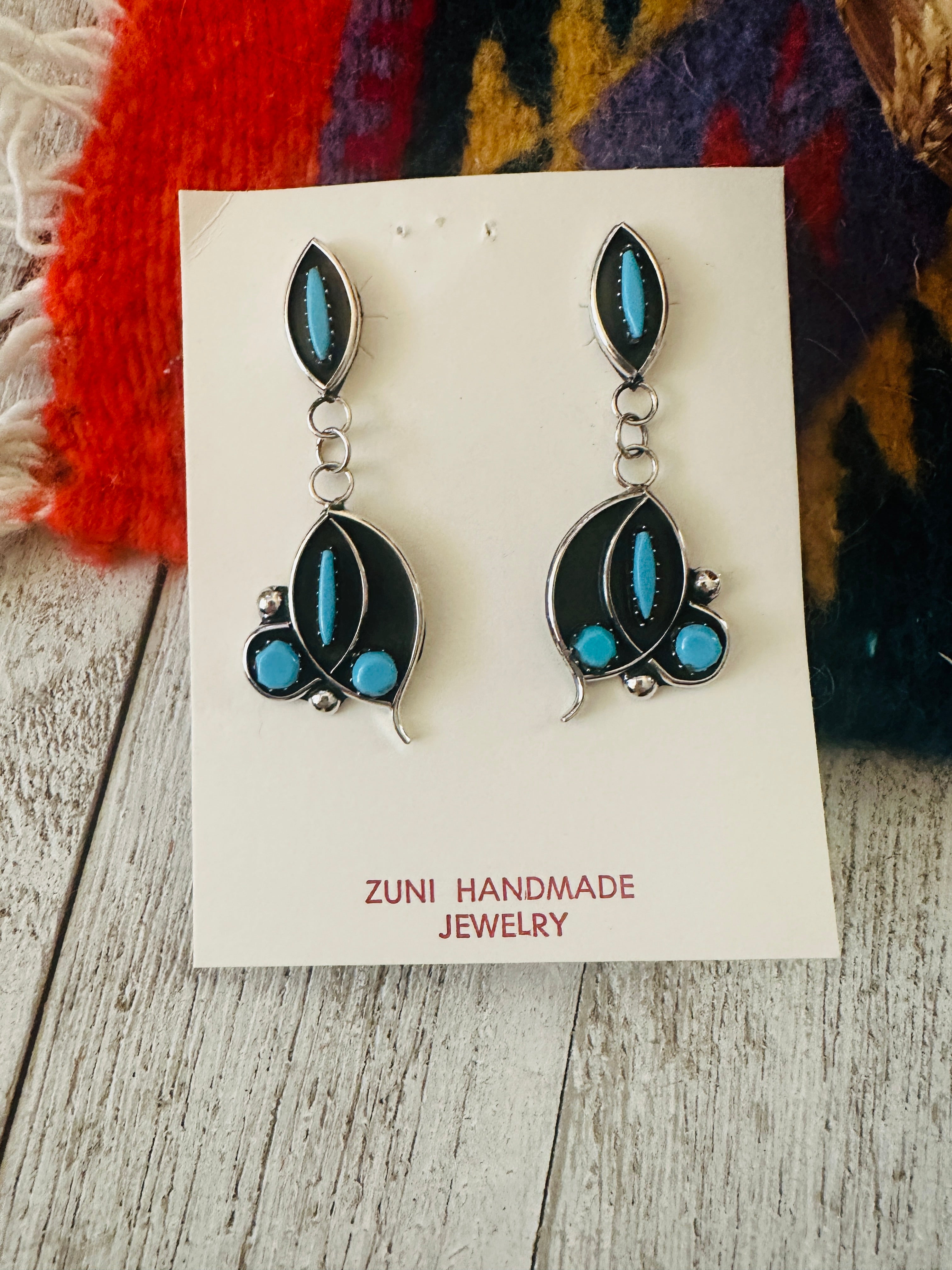 Zuni Sterling Silver & Turquoise Shadowbox Dangle Earrings