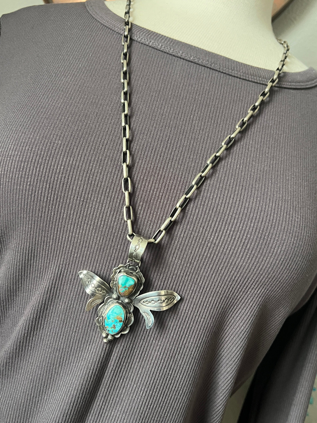 Handcrafted Kimari Somers Sterling Silver and Turquoise Winged Bug Pendant