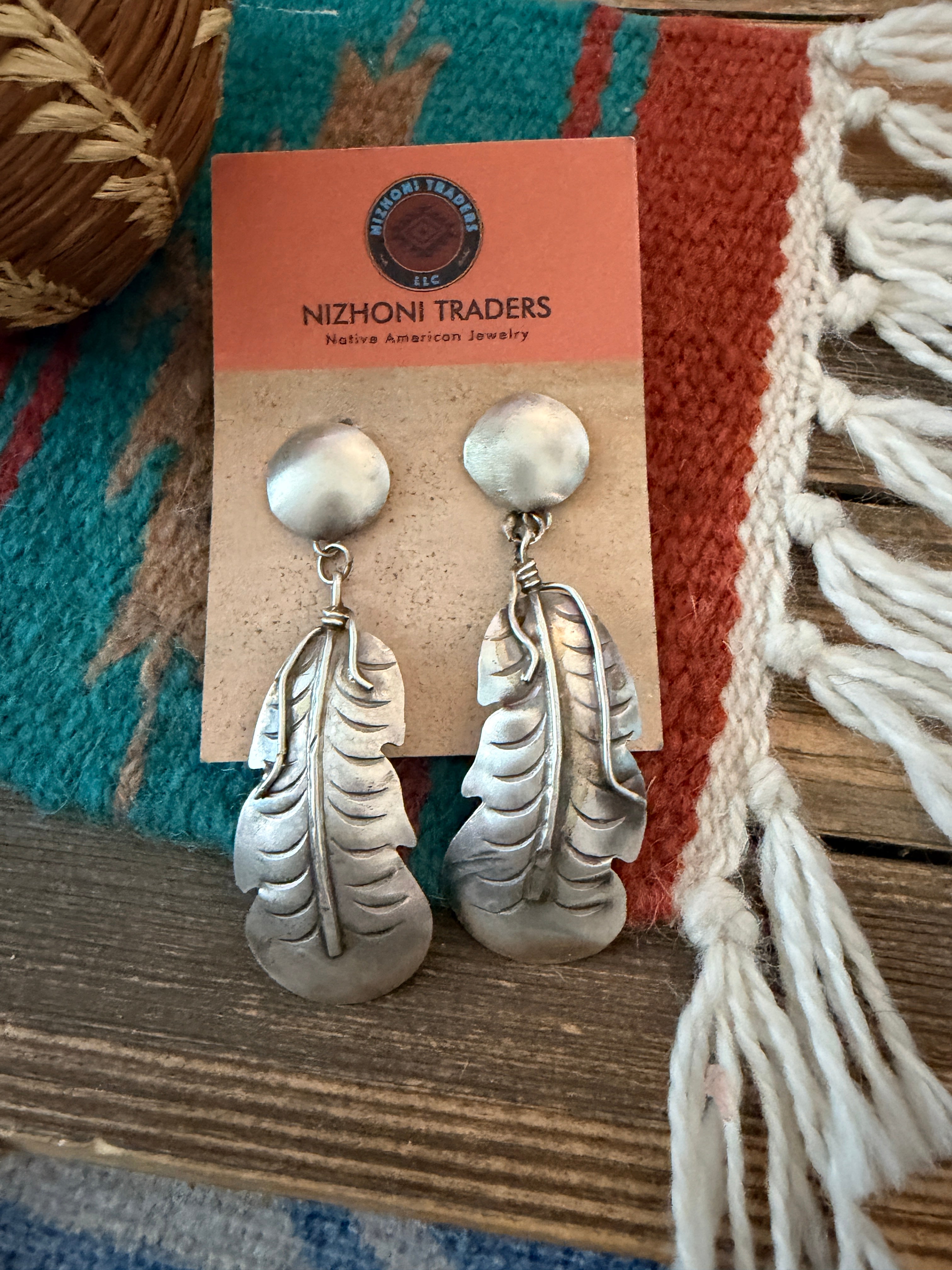 Handcrafted Sterling Silver Concho Feather Dangle Earrings