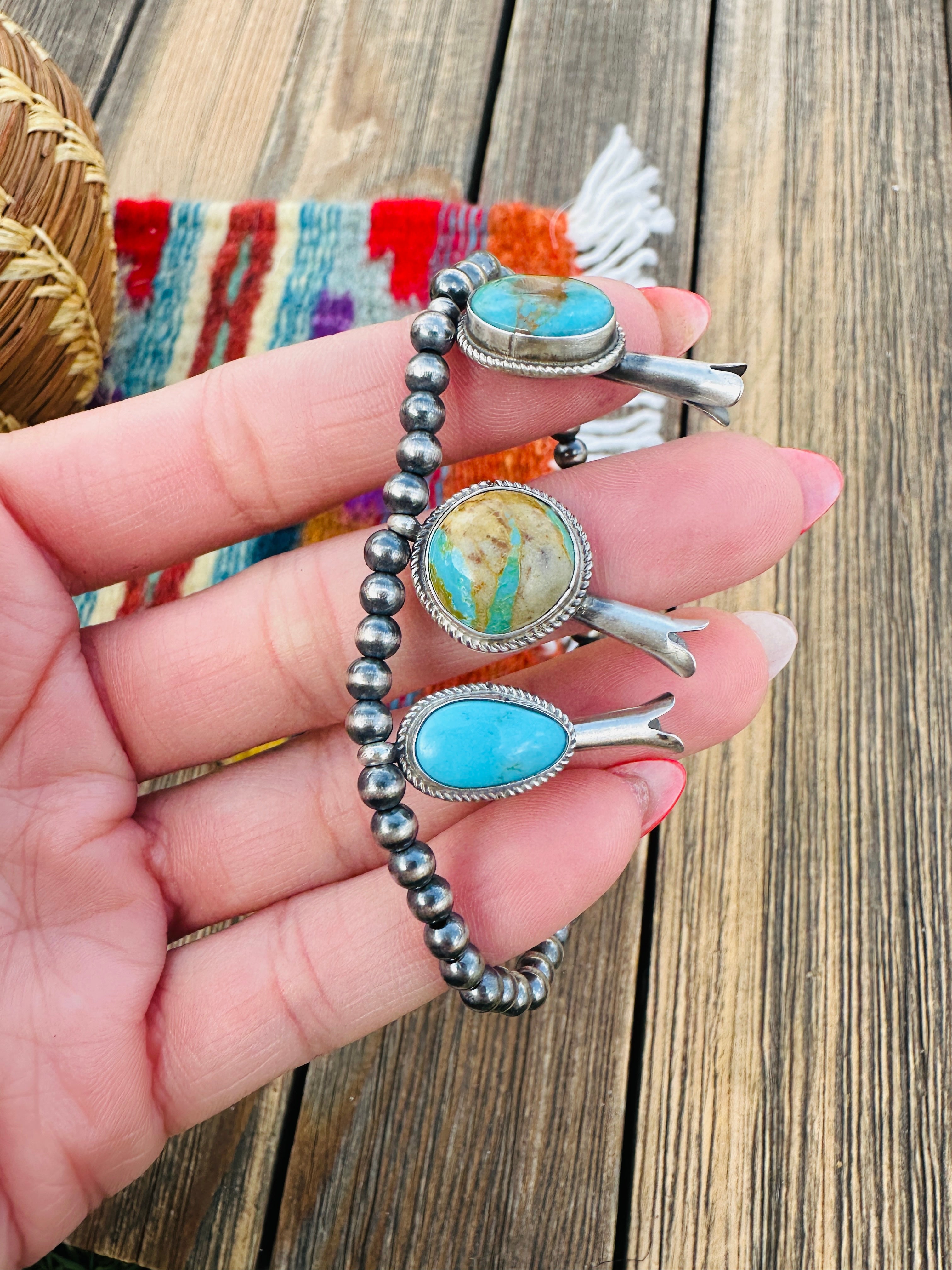 Handcrafted 3mm Sterling Silver Pearl & Turquoise Blossom Stretch Bracelet