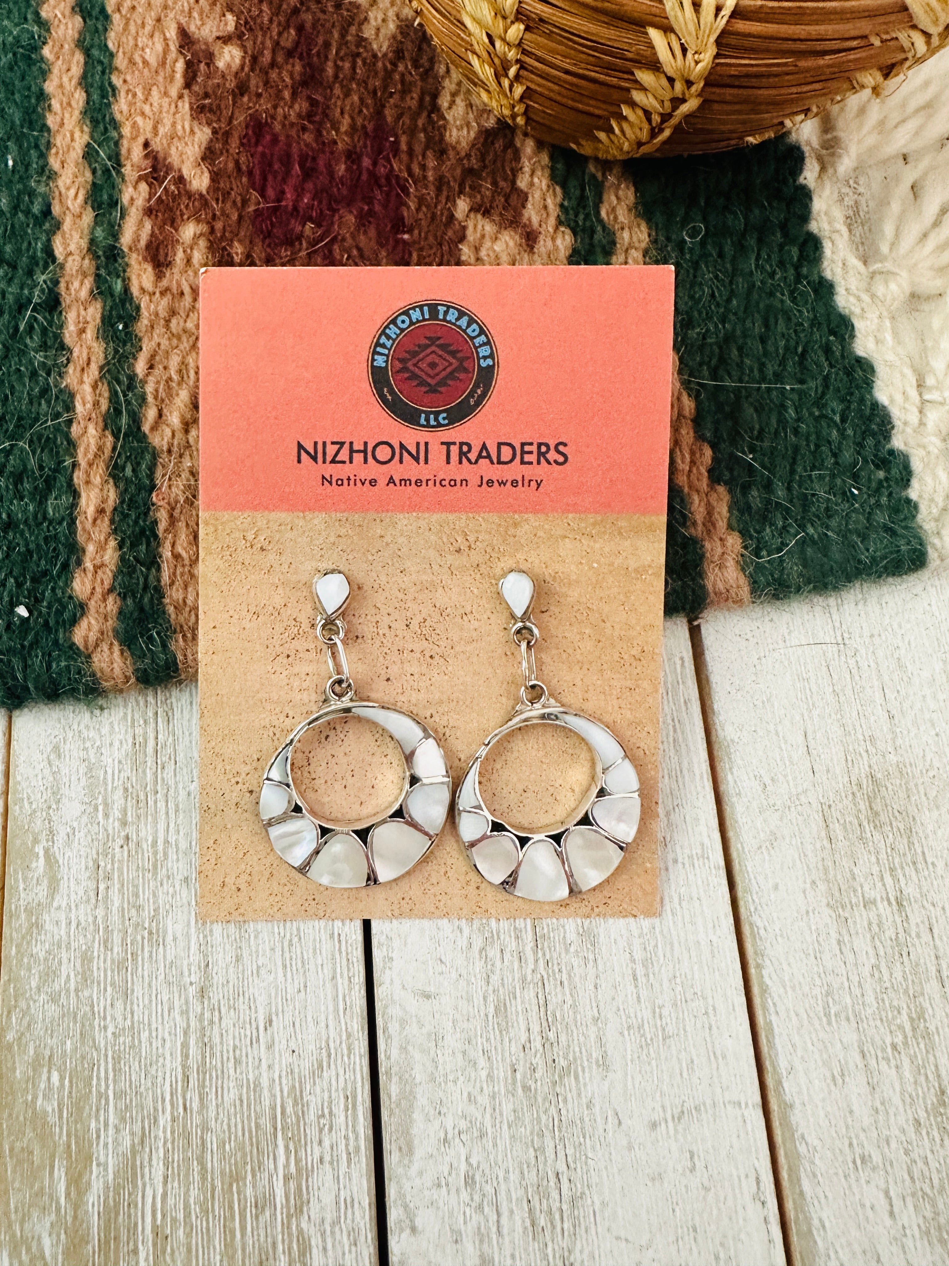 Zuni Mother of Pearl & Sterling Silver Inlay Dangle Earrings