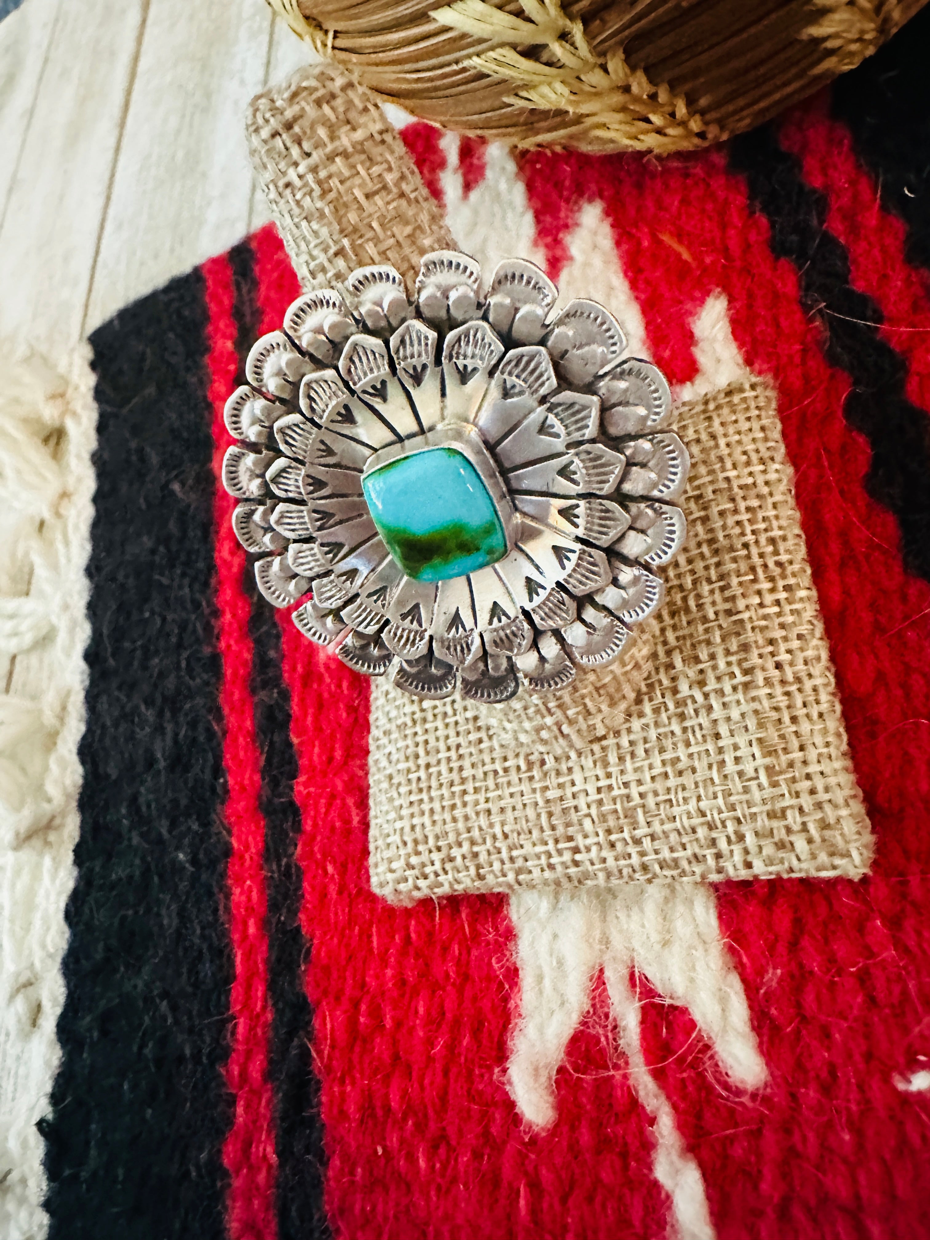 Handcrafted Hand Stamped Sterling Silver &  Turquoise Adjustable Ring by Leroy James