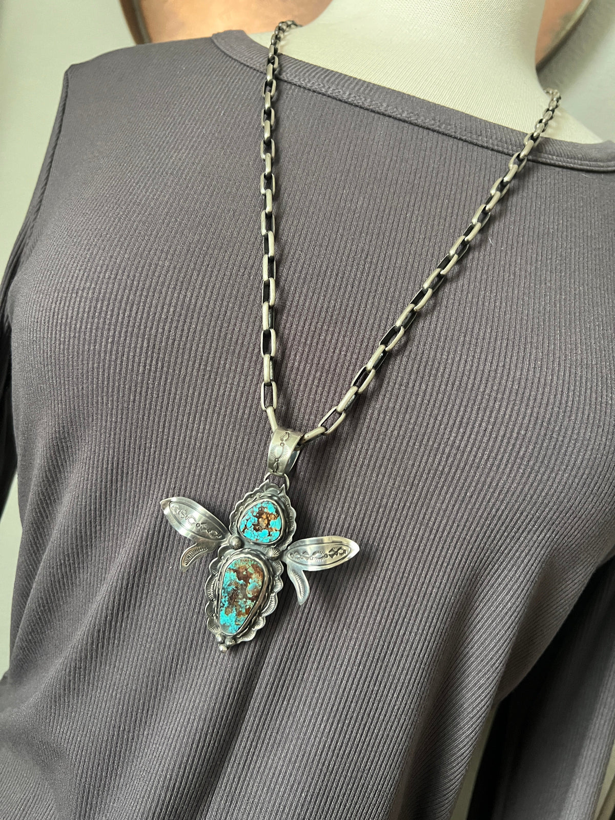 Kimari Somers Hand Stamped Sterling Silver and Turquoise Winged Bug Pendant