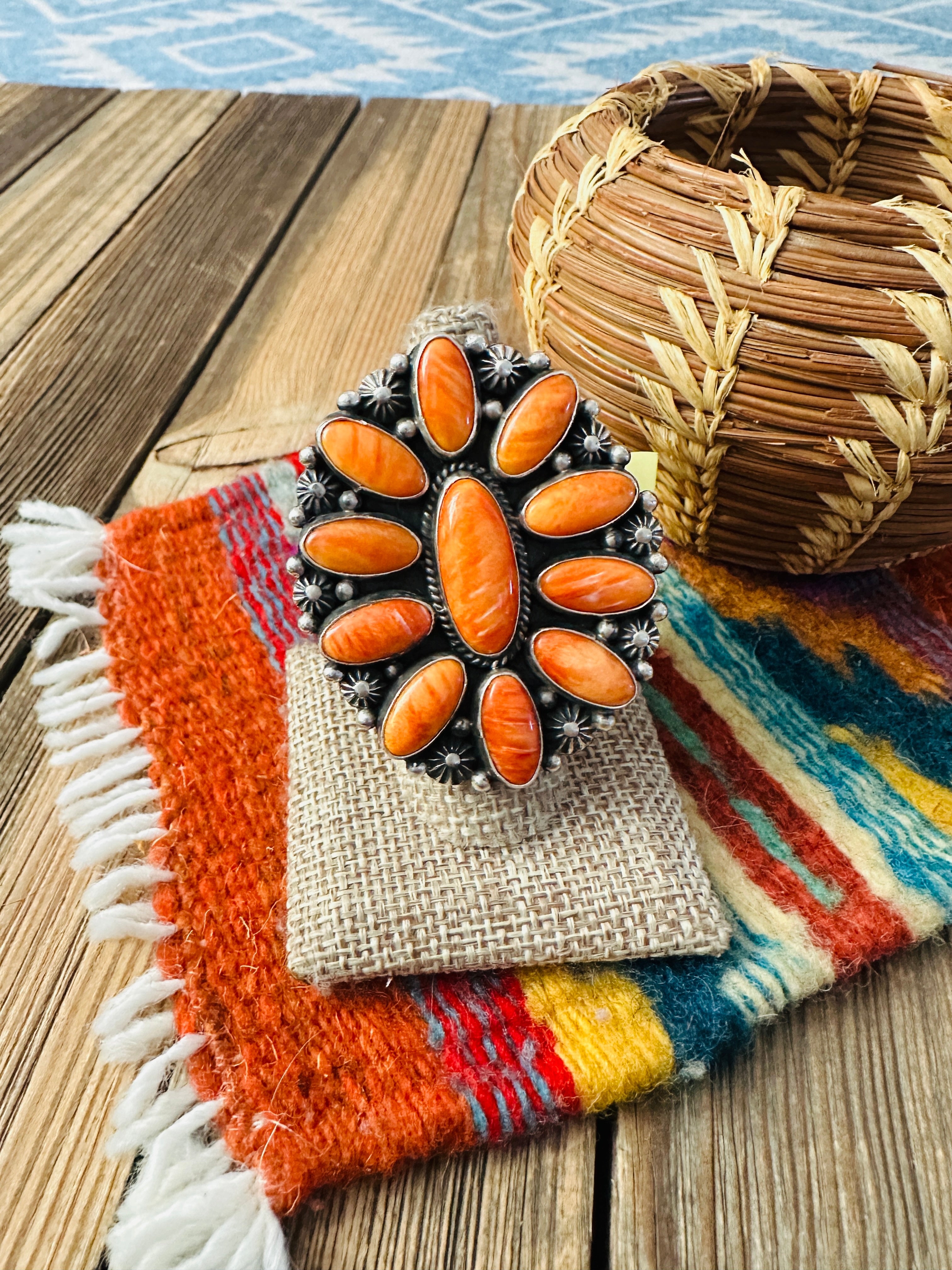 Old Pawn Handcrafted Spiny Oyster & Sterling Silver Cluster Ring Size 10