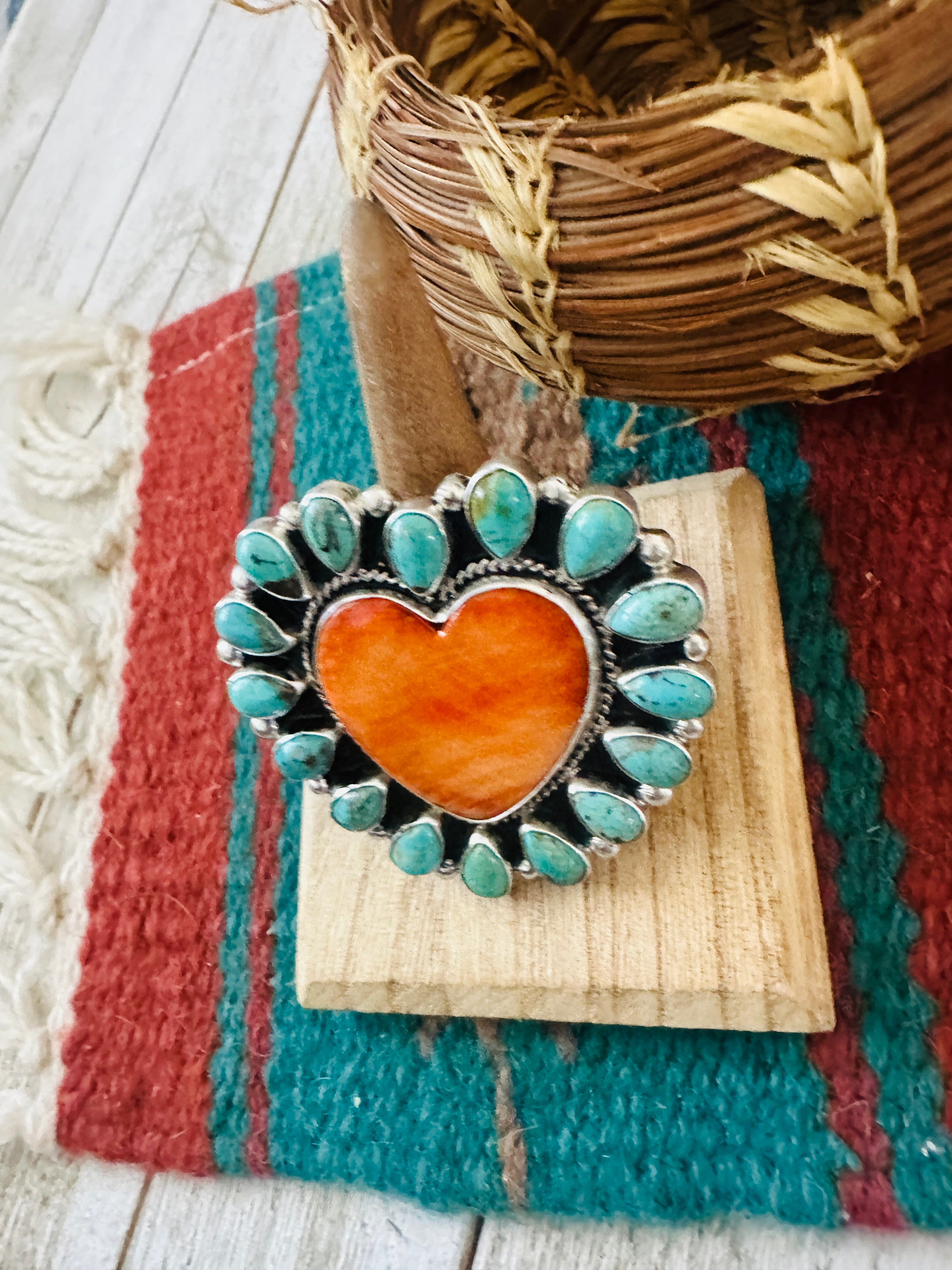 Handcrafted Sterling Silver, Spiny & Turquoise Cluster Adjustable Heart Ring