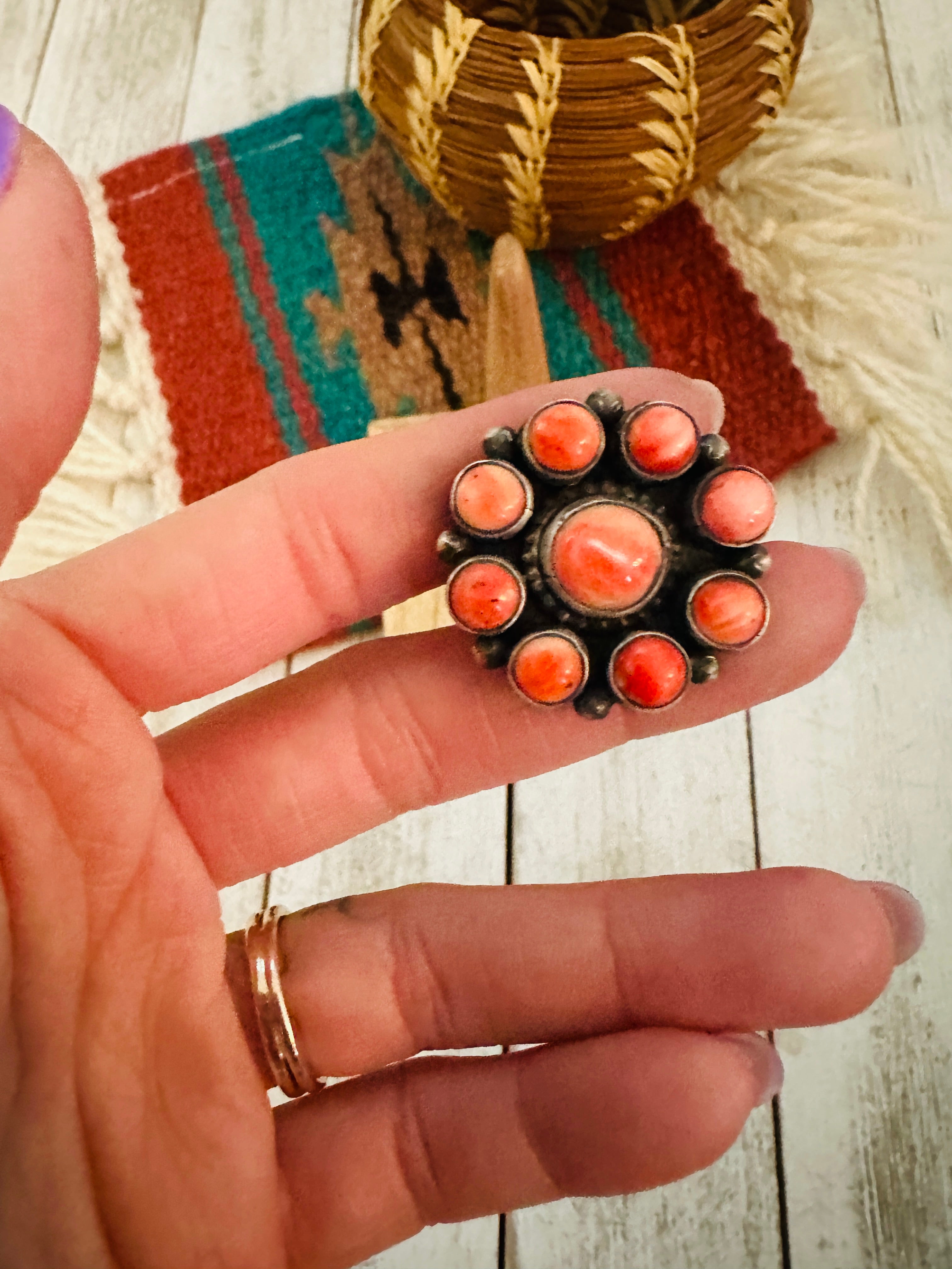 Navajo Sterling Silver & Orange Spiny Cluster Ring Size 6